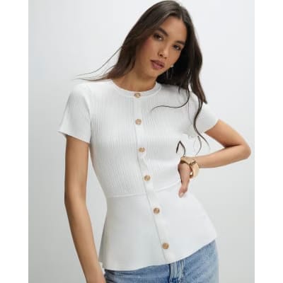 White Peplum Ribbed Knitted Top