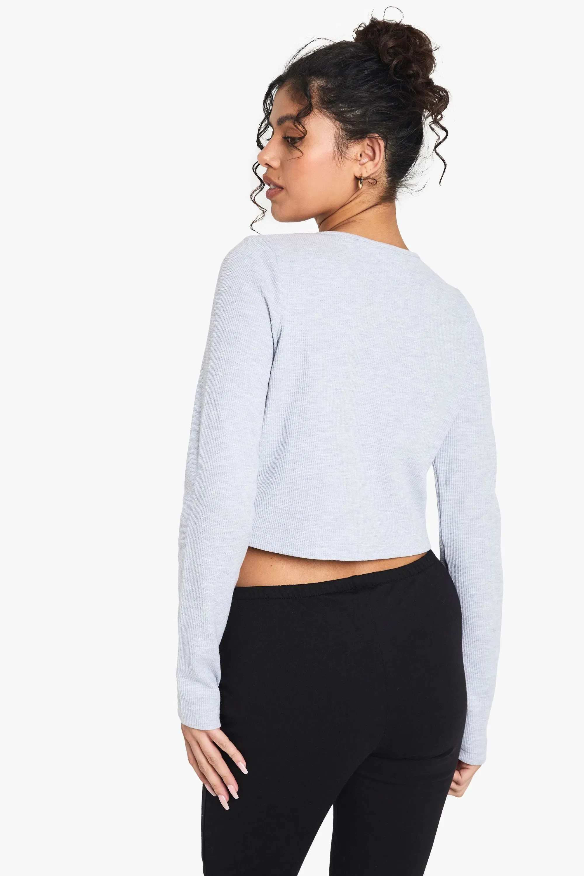 Waffle Button Front Scoop Neck Top