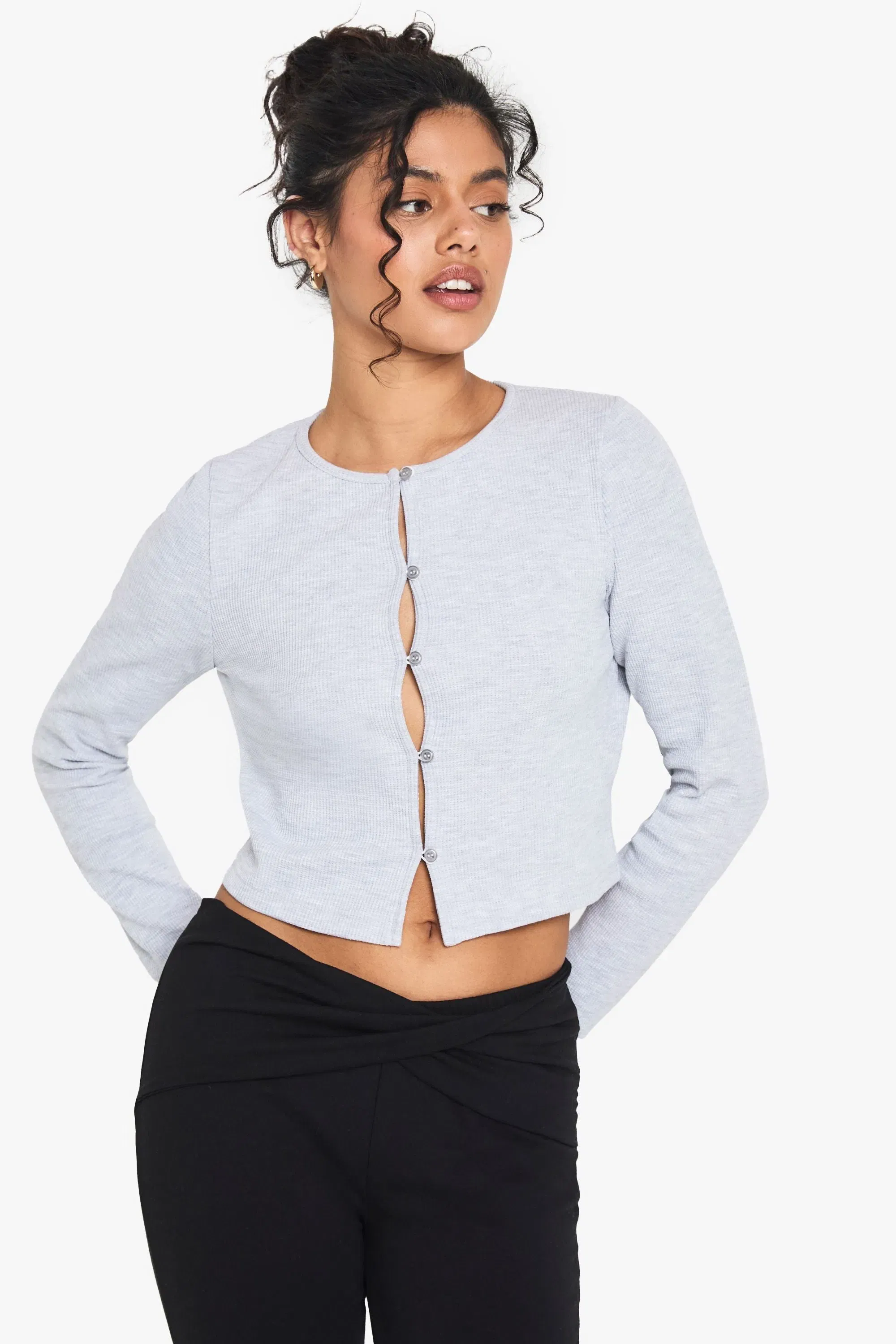 Waffle Button Front Scoop Neck Top