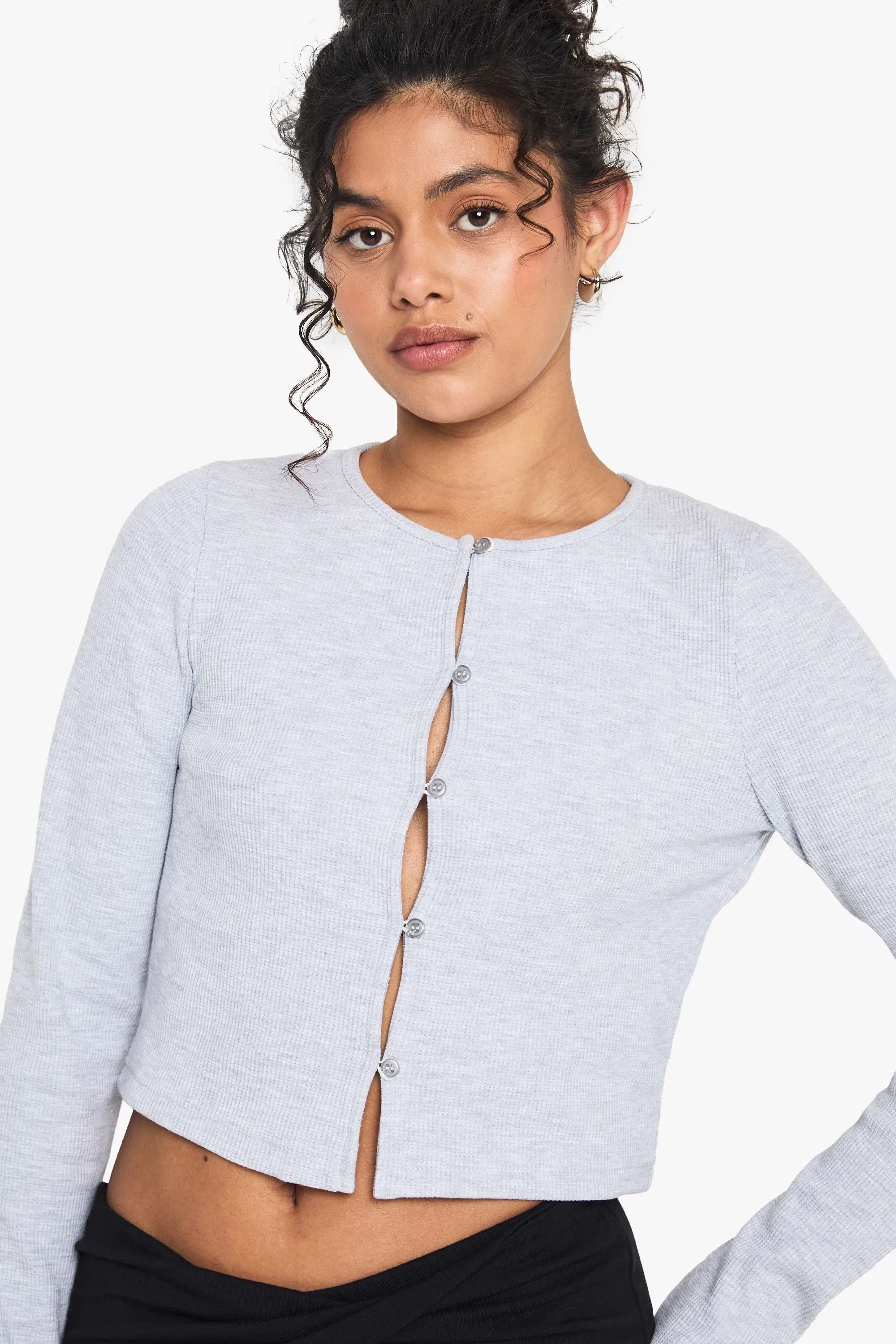 Waffle Button Front Scoop Neck Top