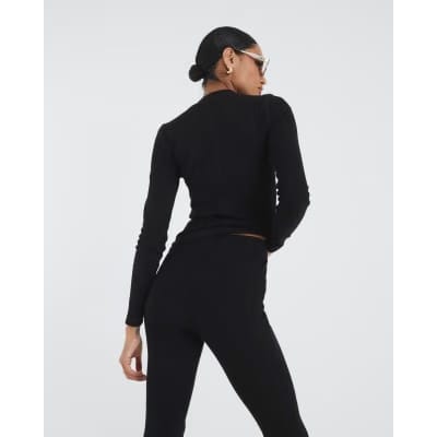 Black High Waisted Ribbed Flare Leggings