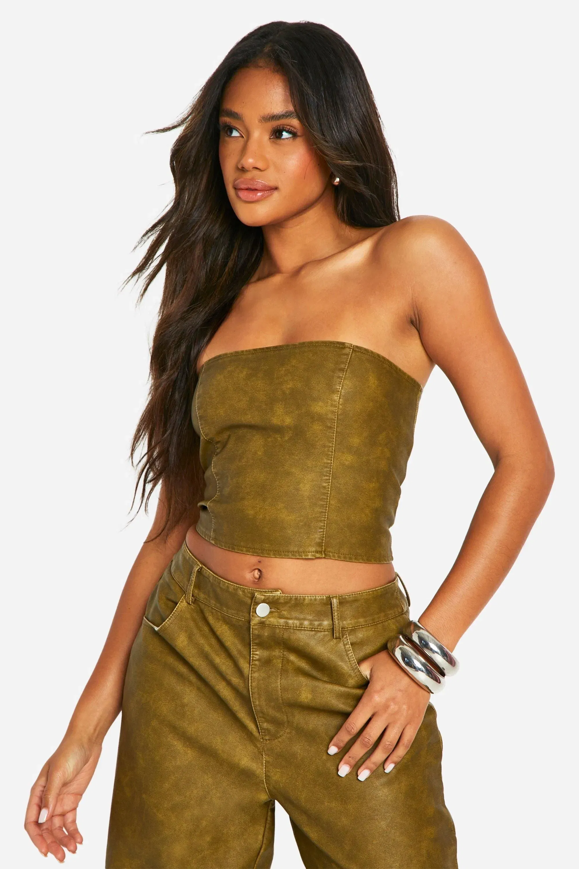 Washed Faux Leather Cropped Corset
