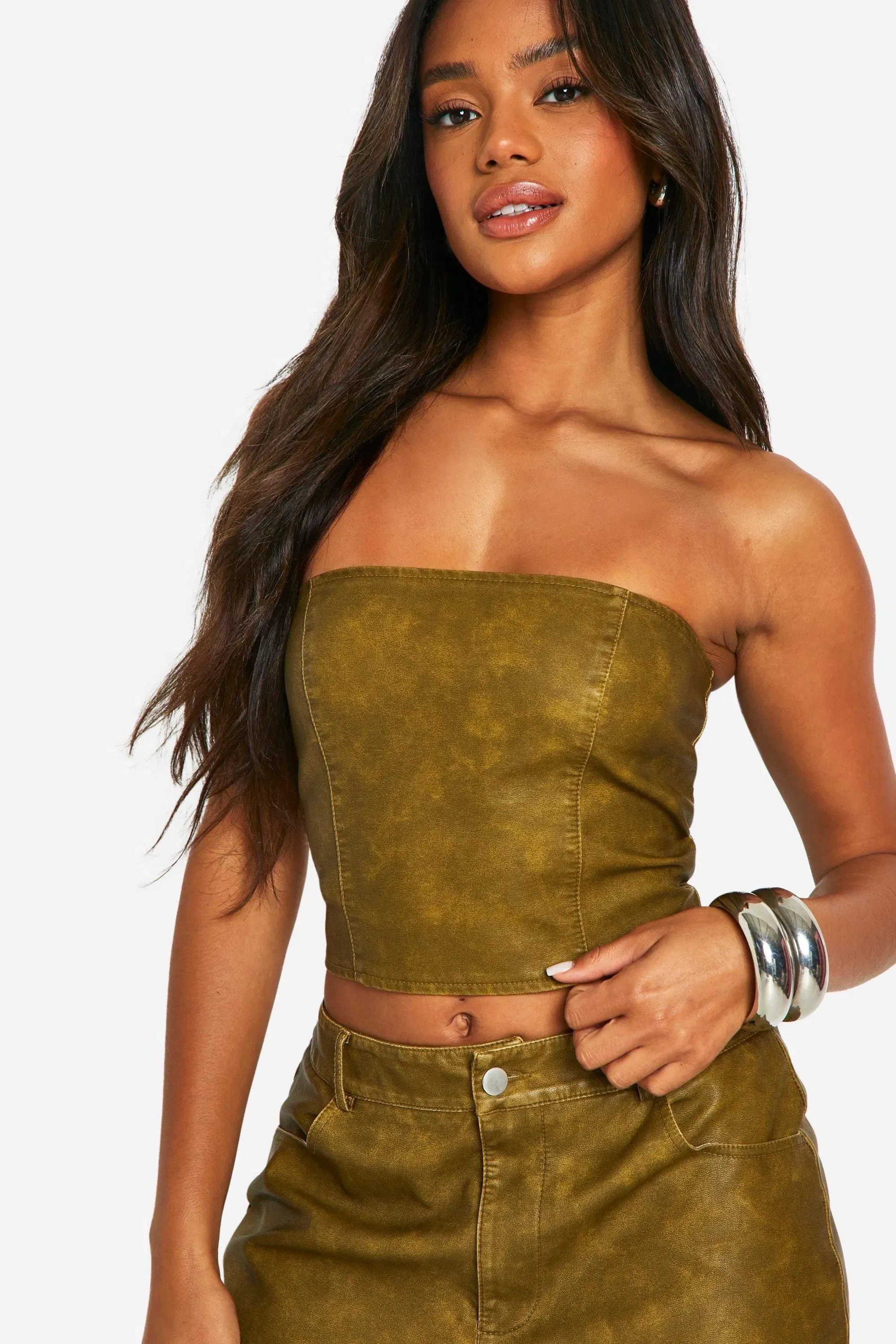 Washed Faux Leather Cropped Corset