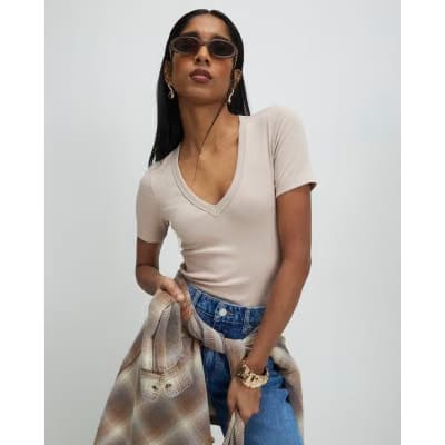 Beige V Neck T-Shirt