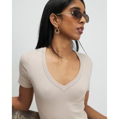 Beige V Neck T-Shirt