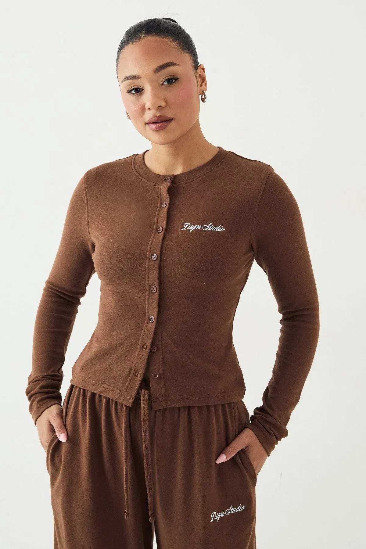 DSGN Studio Ribbed Script Embroidery Button Through Long Sleeve Top
