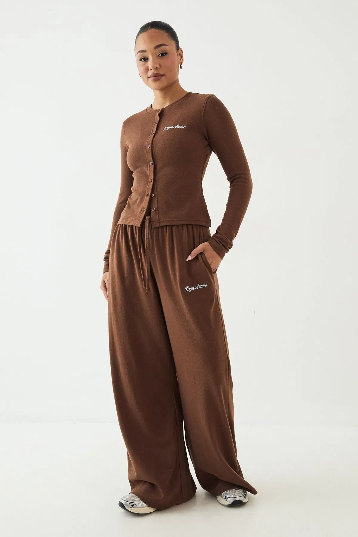 DSGN Studio Ribbed Script Embroidery Button Through Long Sleeve Top