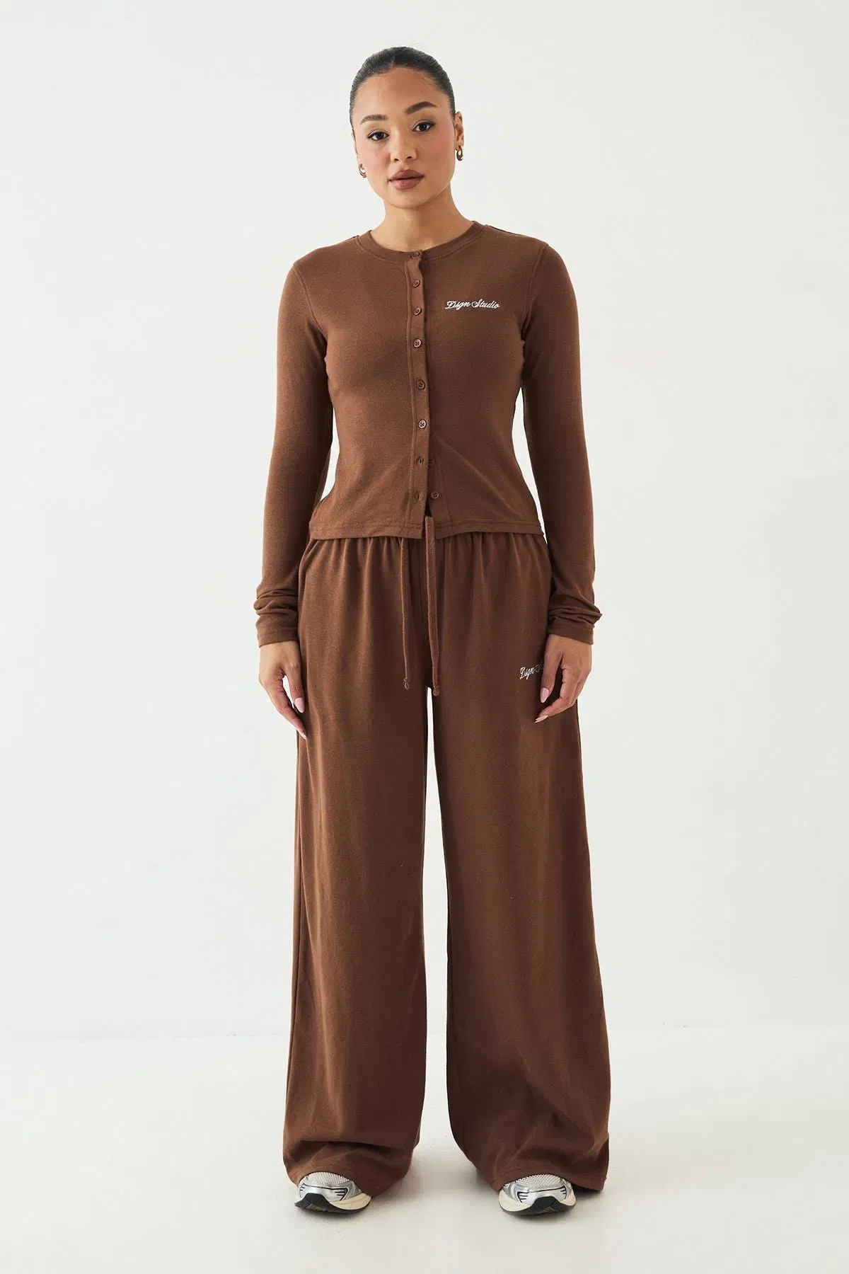 DSGN Studio Ribbed Script Embroidery Button Through Long Sleeve Top