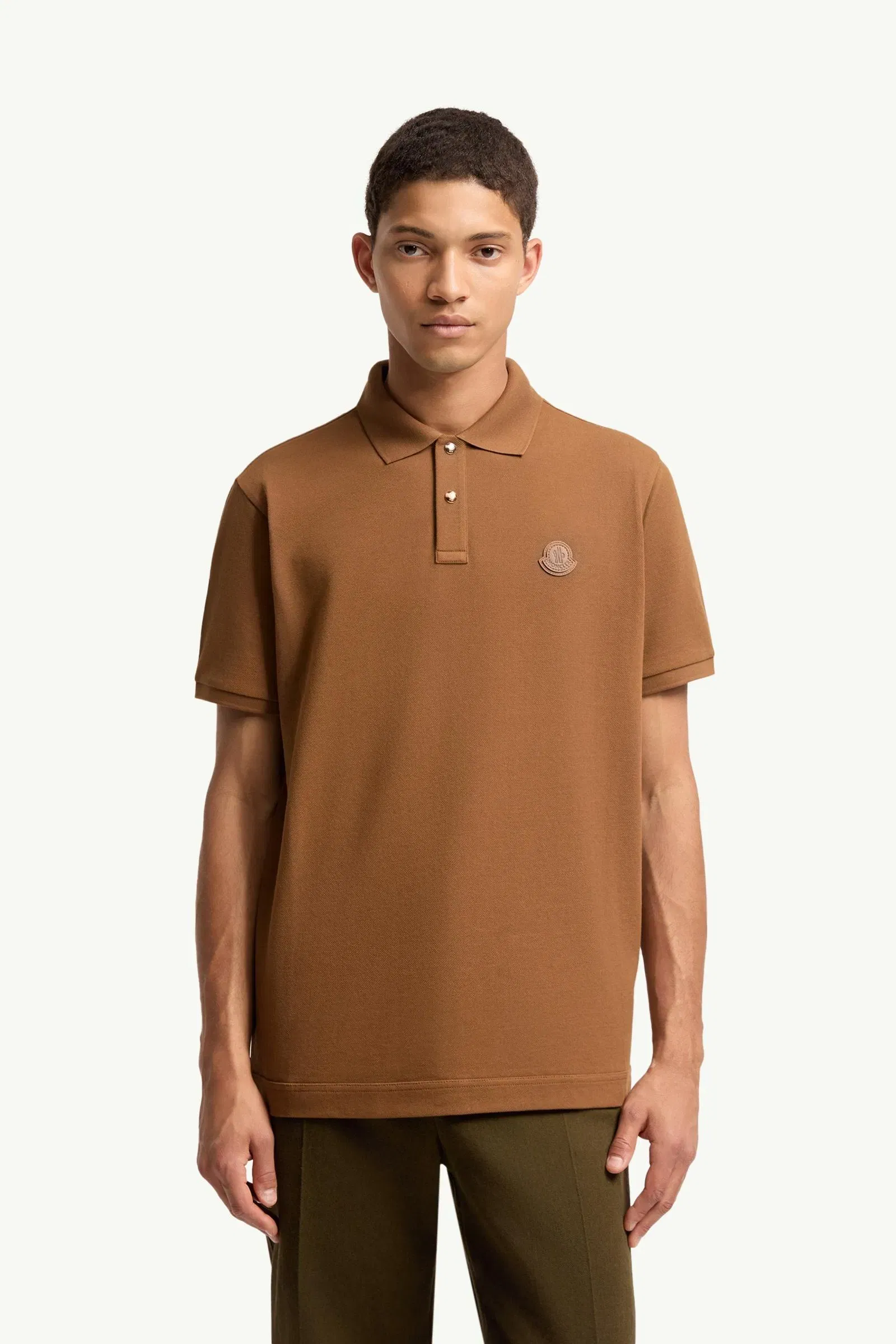 Moncler Logo Patch Cotton Piquet Polo Shirt Brown Brown