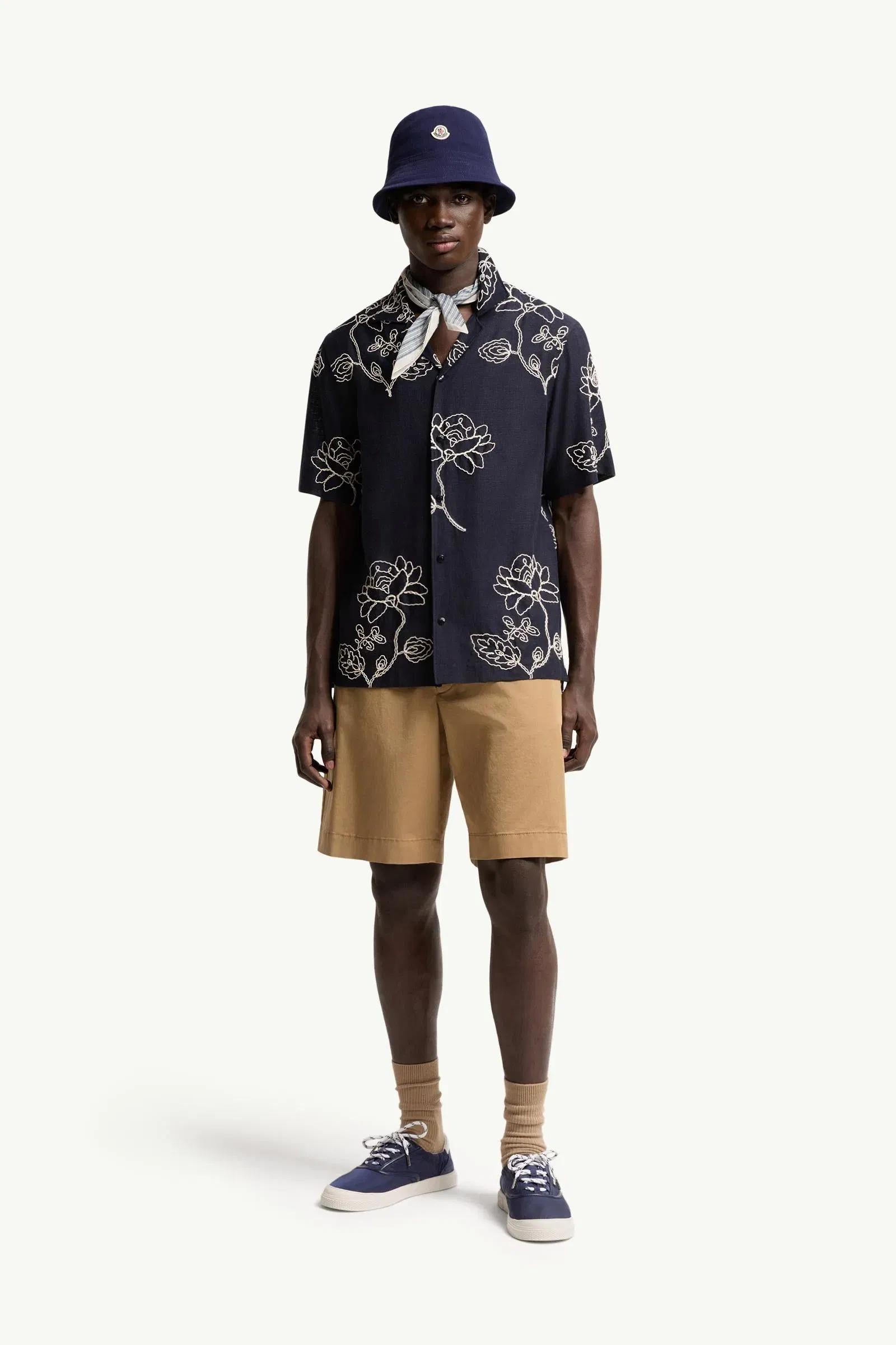Moncler Embroidered Linen Blend Shirt Blue Blue