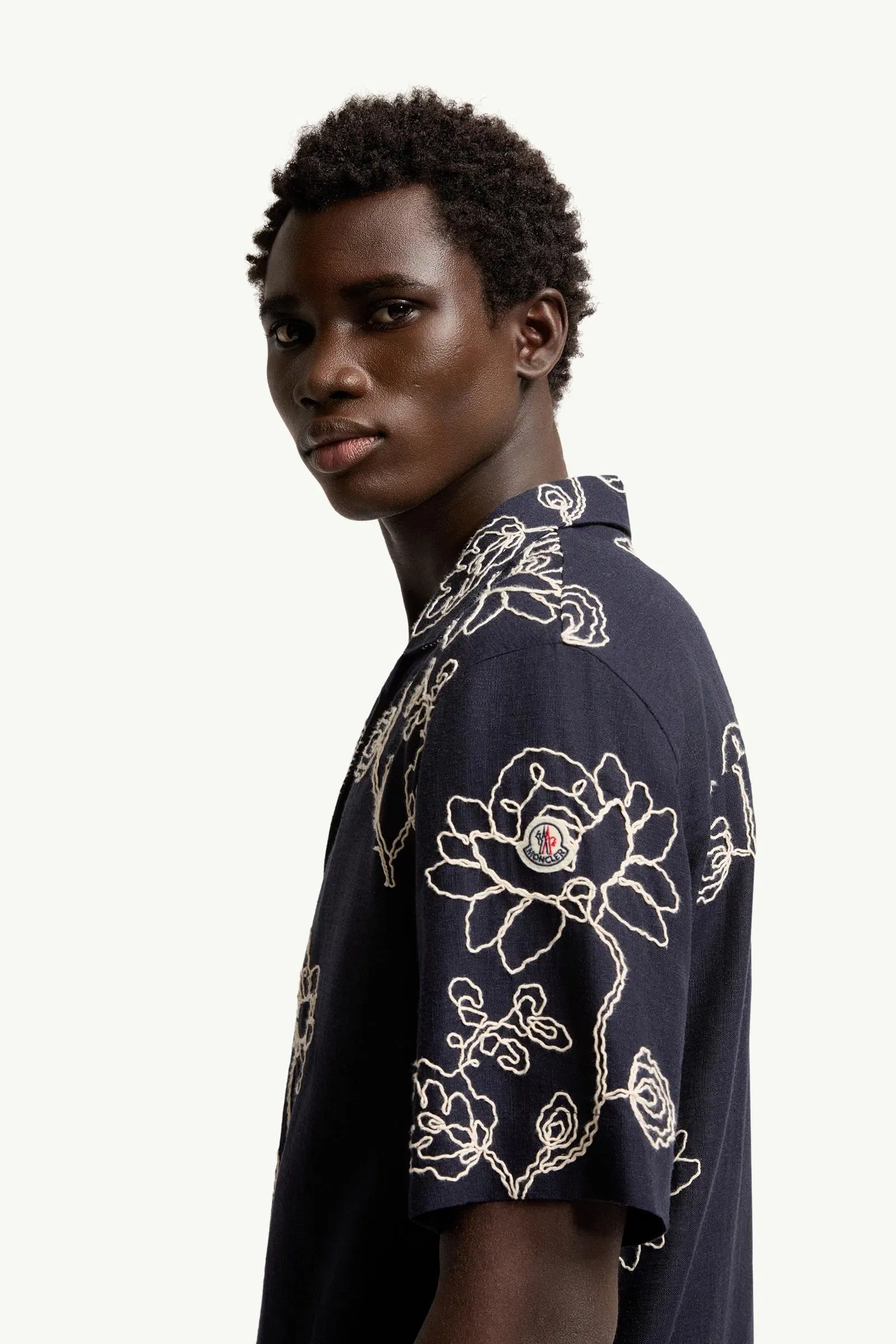 Moncler Embroidered Linen Blend Shirt Blue Blue