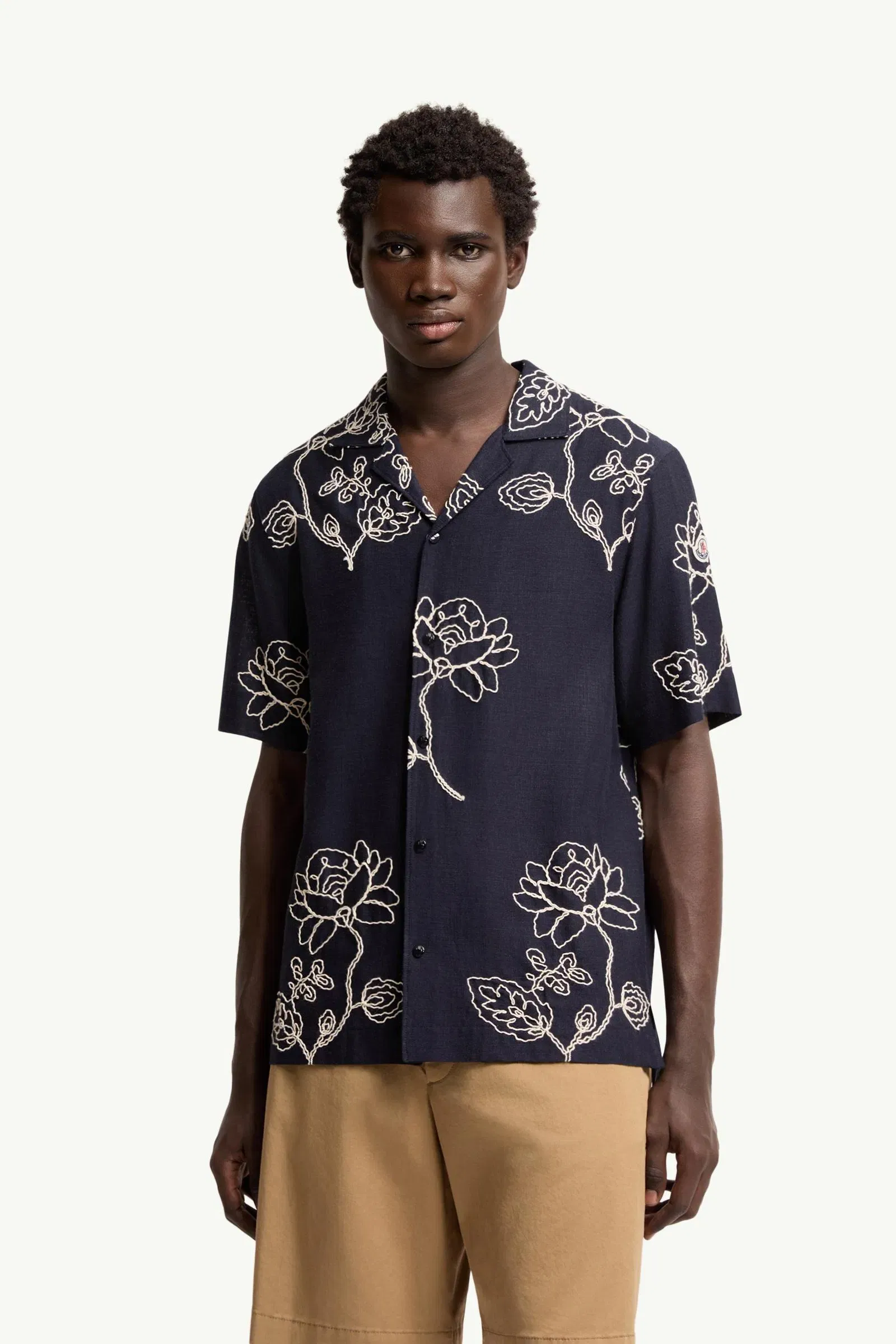 Moncler Embroidered Linen Blend Shirt Blue Blue