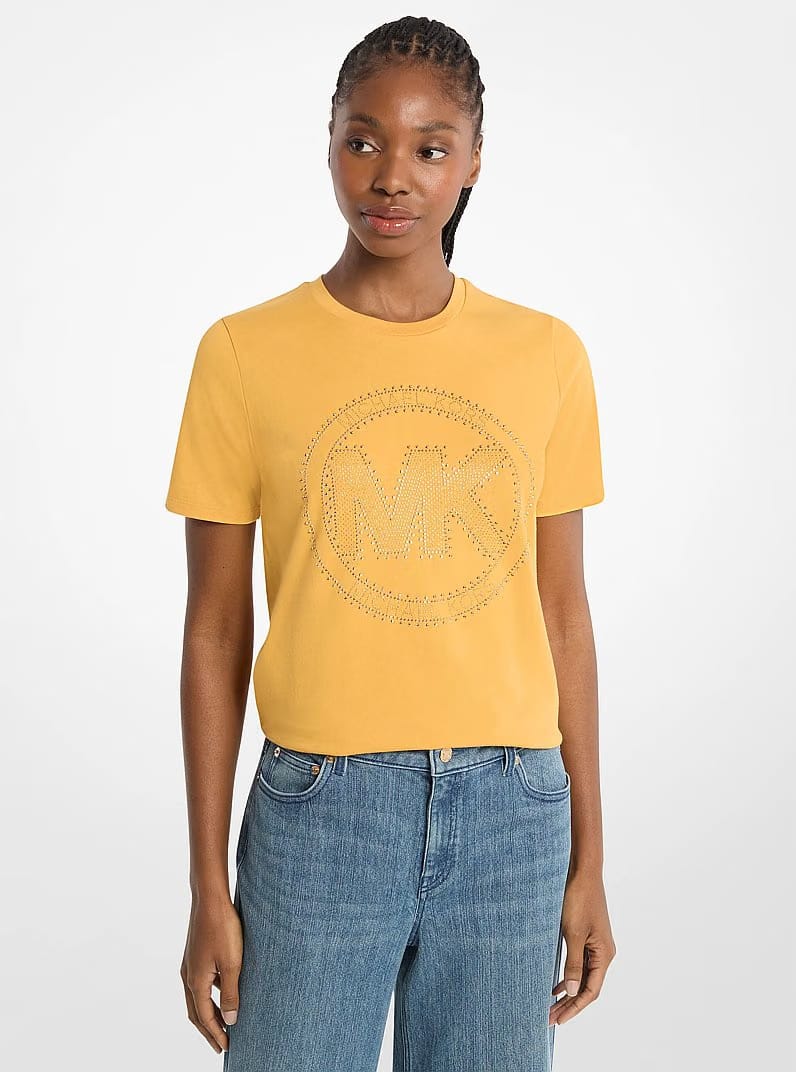 Michael Kors Studded Logo Charm Organic Cotton Jersey T-Shirt DK CHAMBRAY