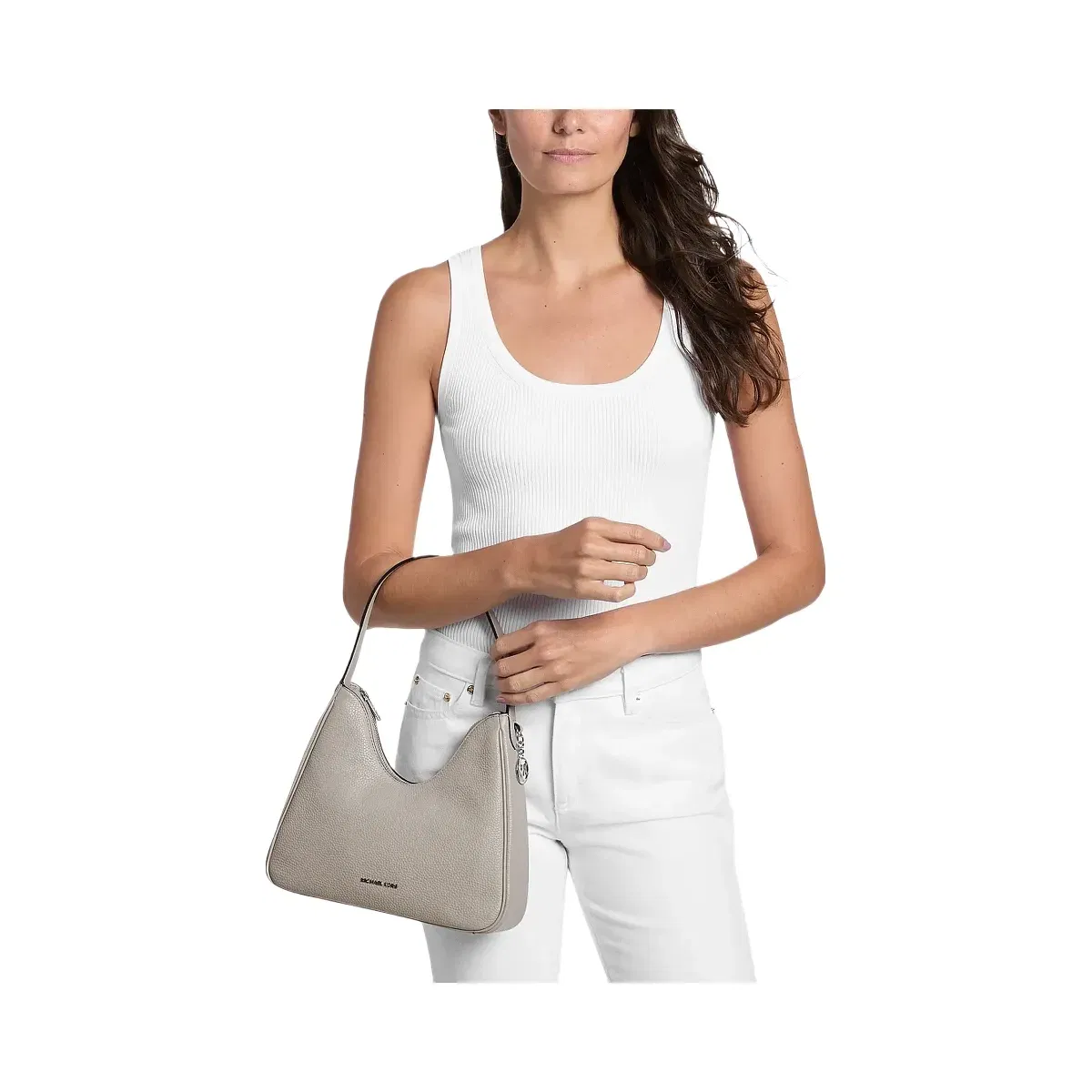 Michael Kors Nayla Small Pebbled Leather Hobo Shoulder Bag Pearl Grey