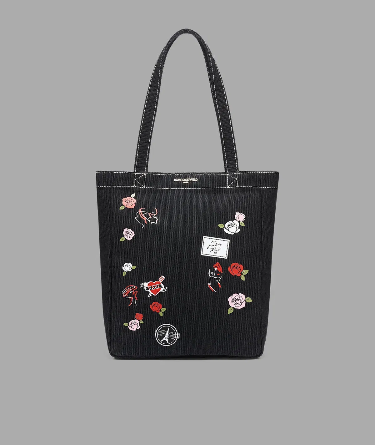 KarlLagerfeld Cannes floral canvas tote black