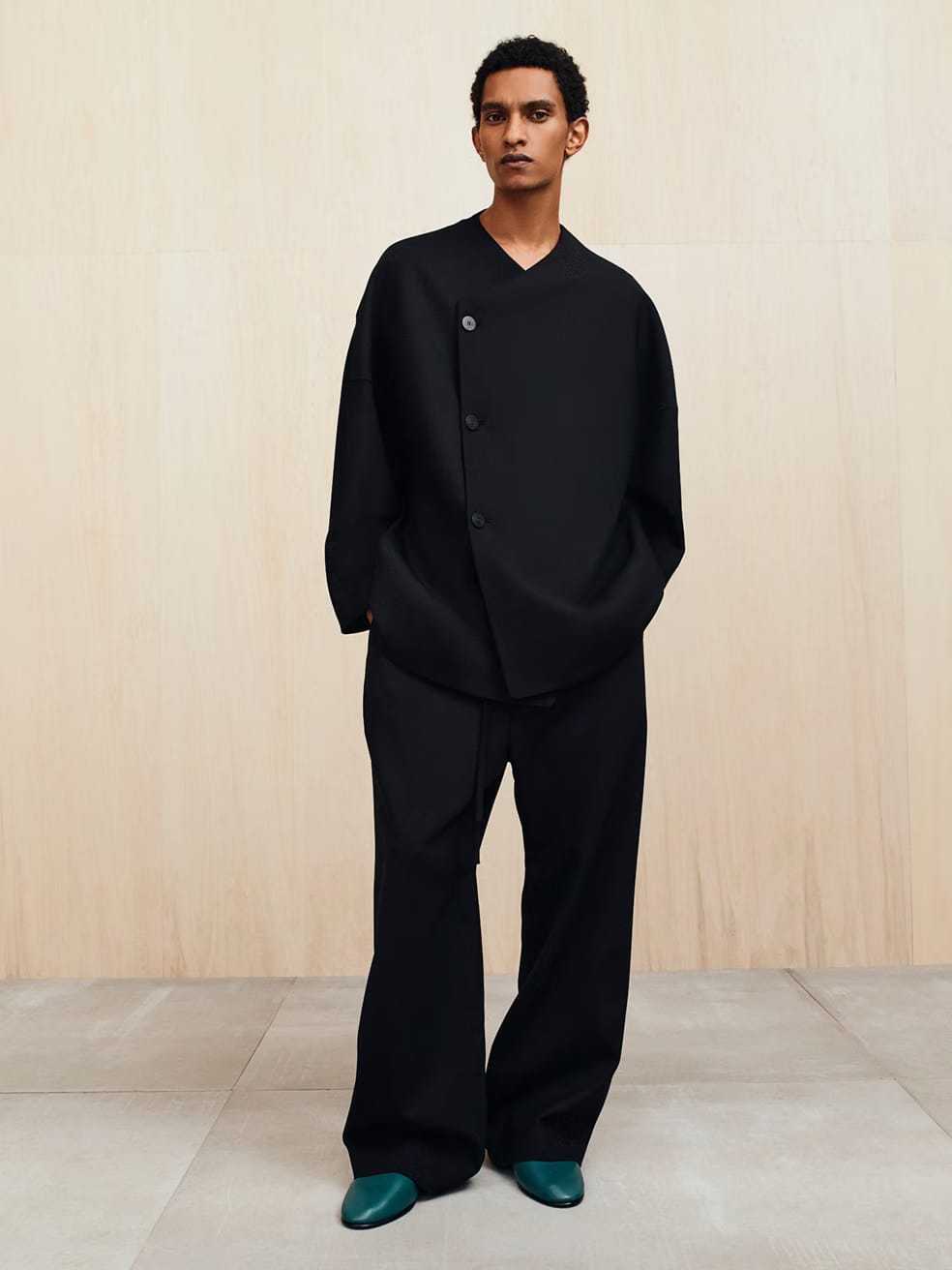 Essentials Double Weave Wool Wide Leg Drawstring Pants Black