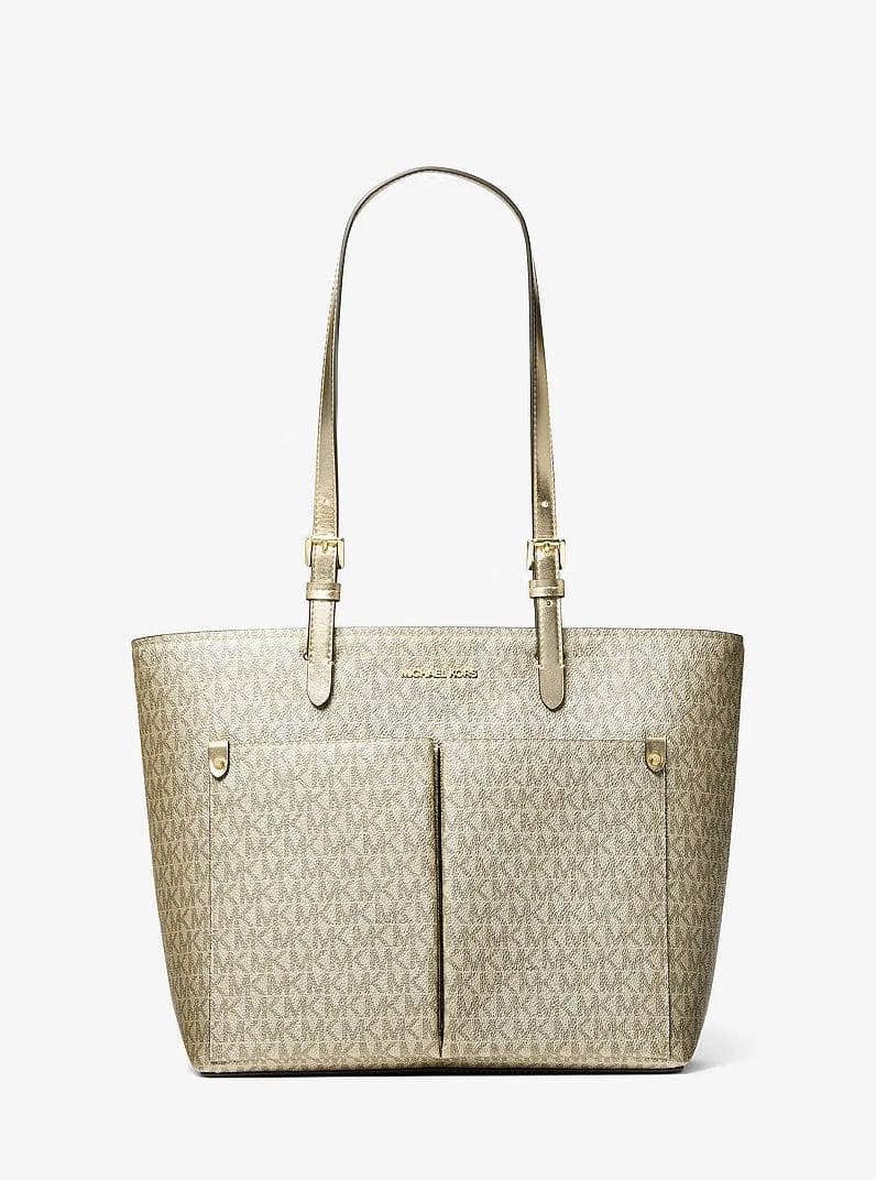 Michael Kors Jet Set Medium Metallic Signature Logo Pocket Tote Bag Pale Gold