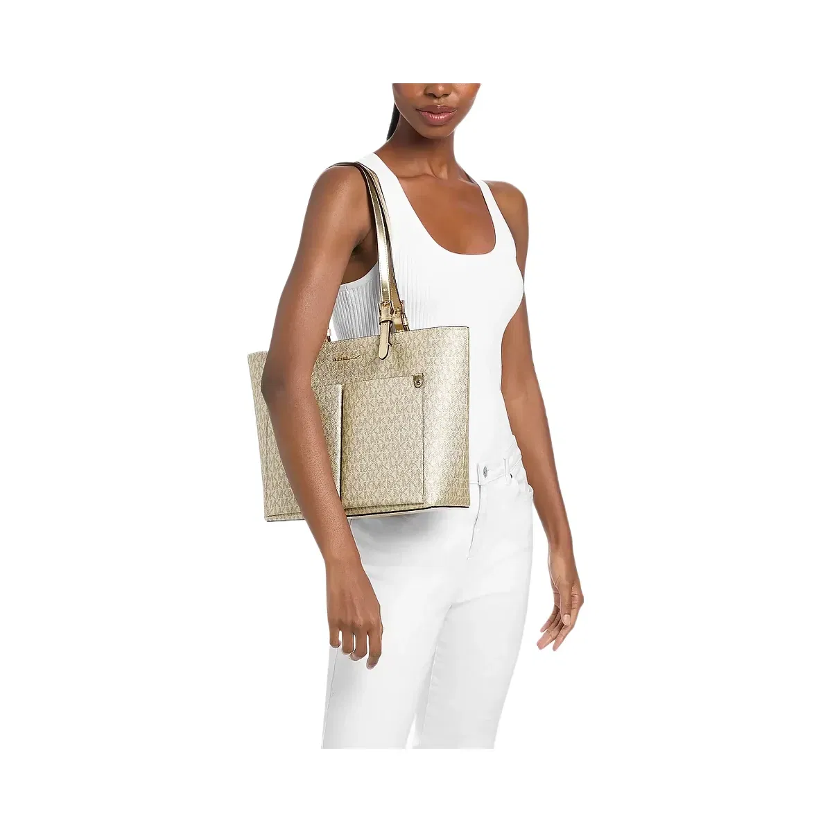 Michael Kors Jet Set Medium Metallic Signature Logo Pocket Tote Bag Pale Gold