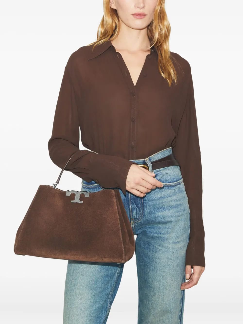 double-T logo suede satchel