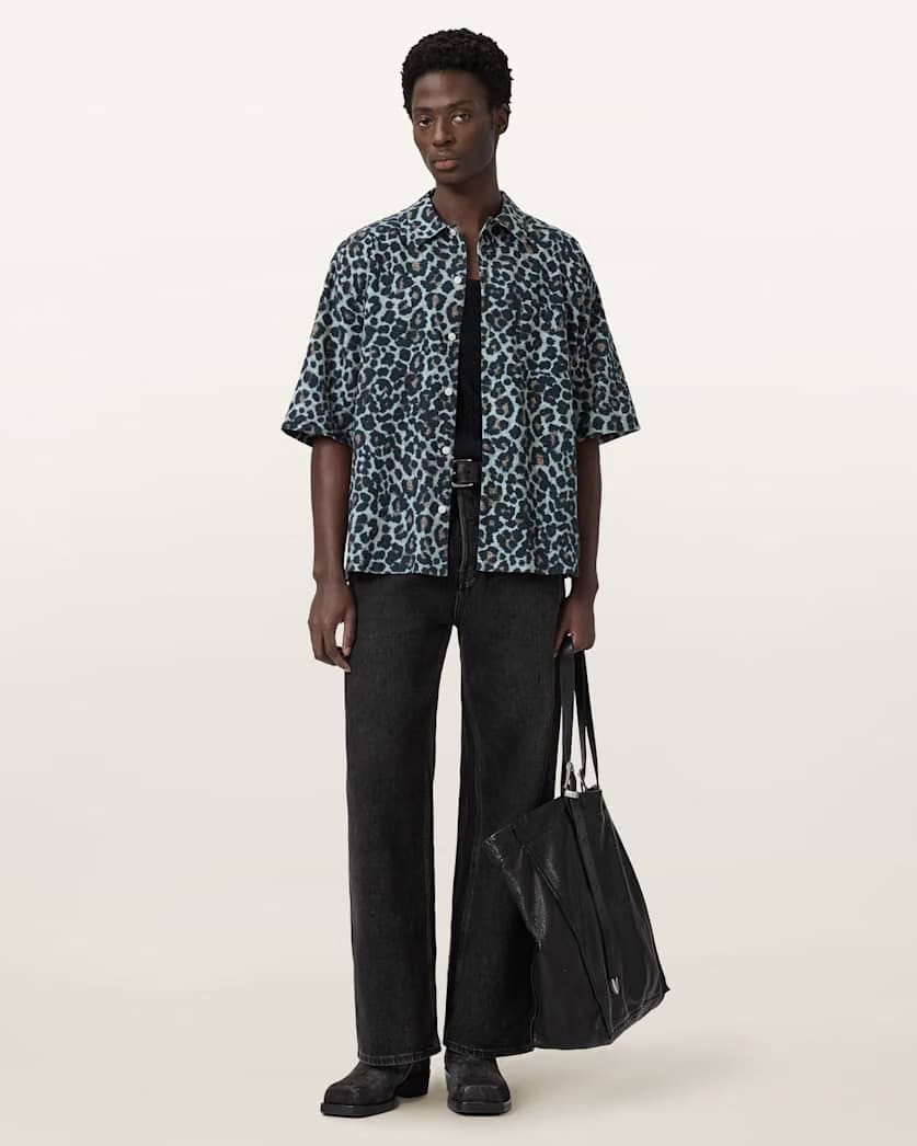 AllSaints Silesia Short Sleeve Leopard Print Shirt Soft Ash Grey