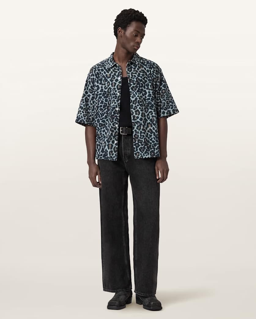 AllSaints Silesia Short Sleeve Leopard Print Shirt Soft Ash Grey