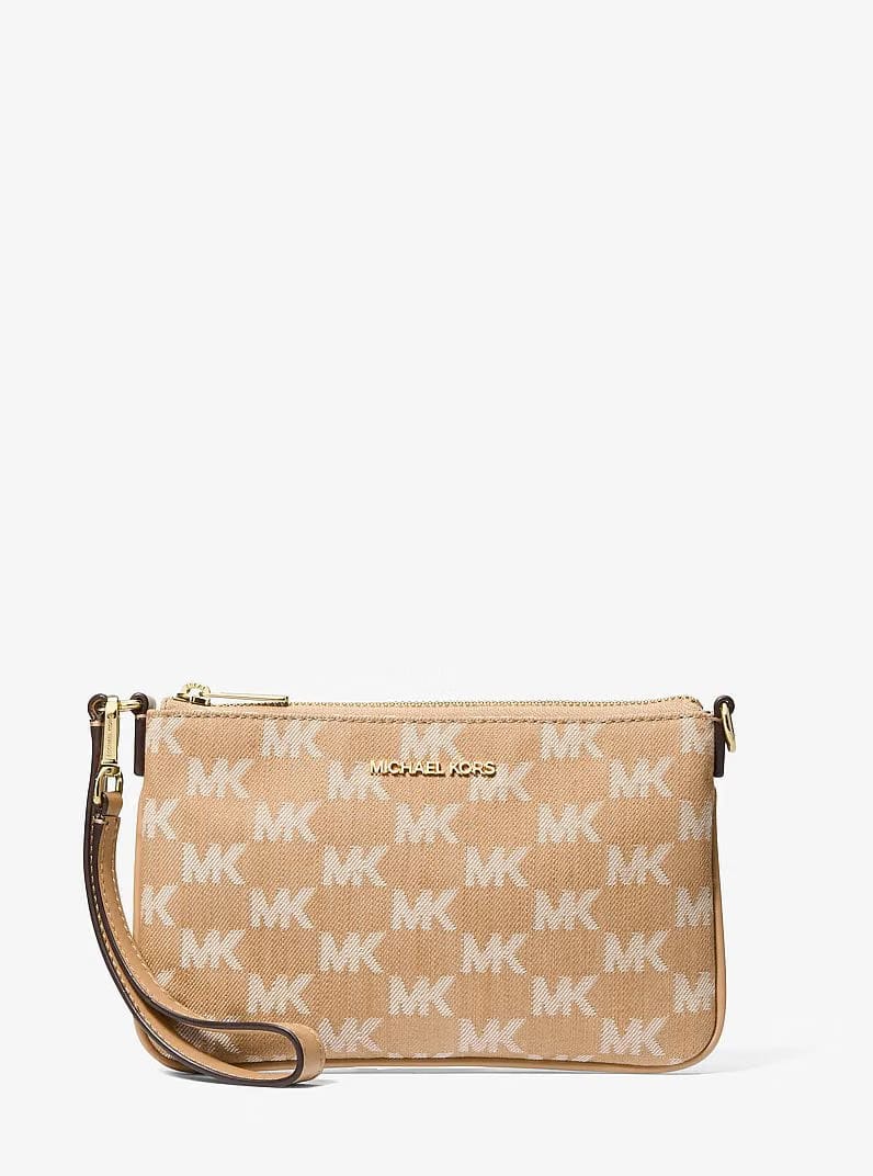Michael Kors Jet Set Travel Small Logo Jacquard Denim Wristlet Camel
