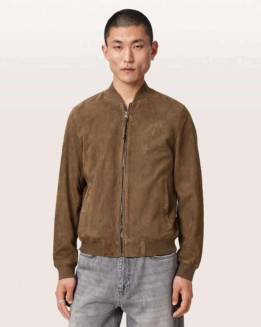 AllSaints Morten Relaxed Fit Suede Bomber Jacket Karoo Brown