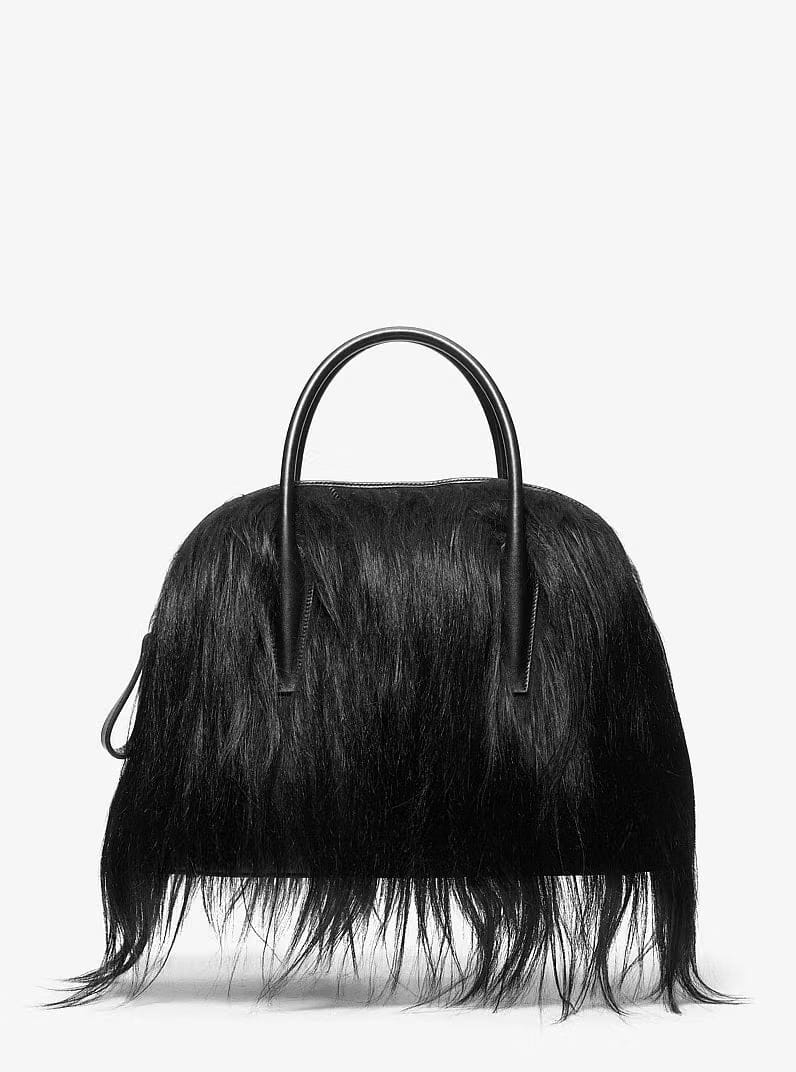 Michael Kors Kaitlin Large Long Haired Shearling Dome Satchel Black