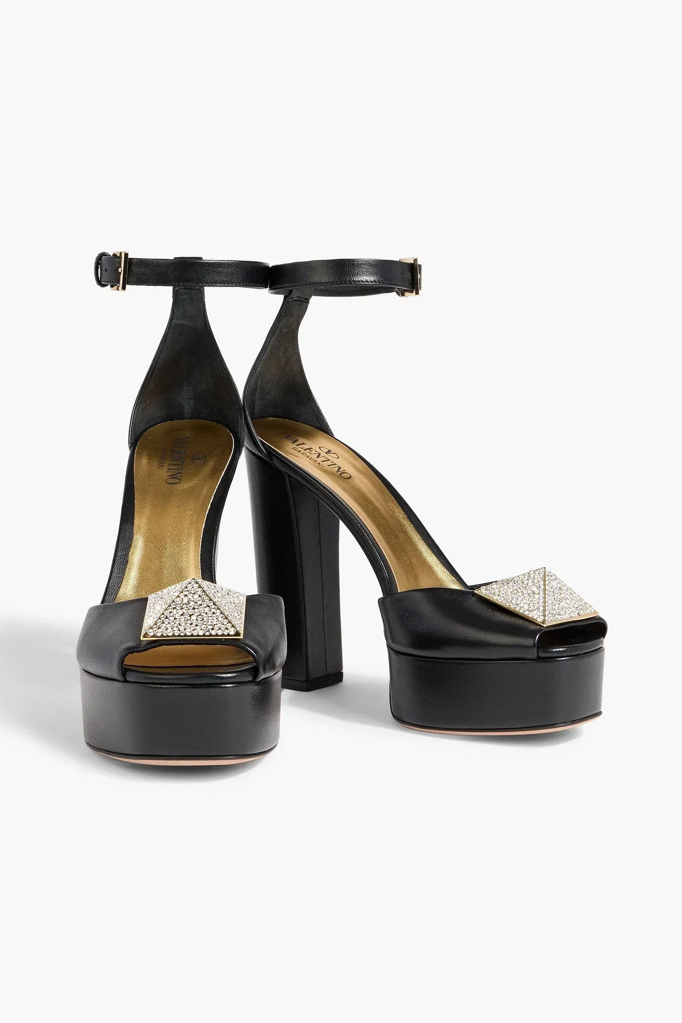 Valentino Garavani One Stud Crystal-Embellished Leather Platform Sandals Black Women's
