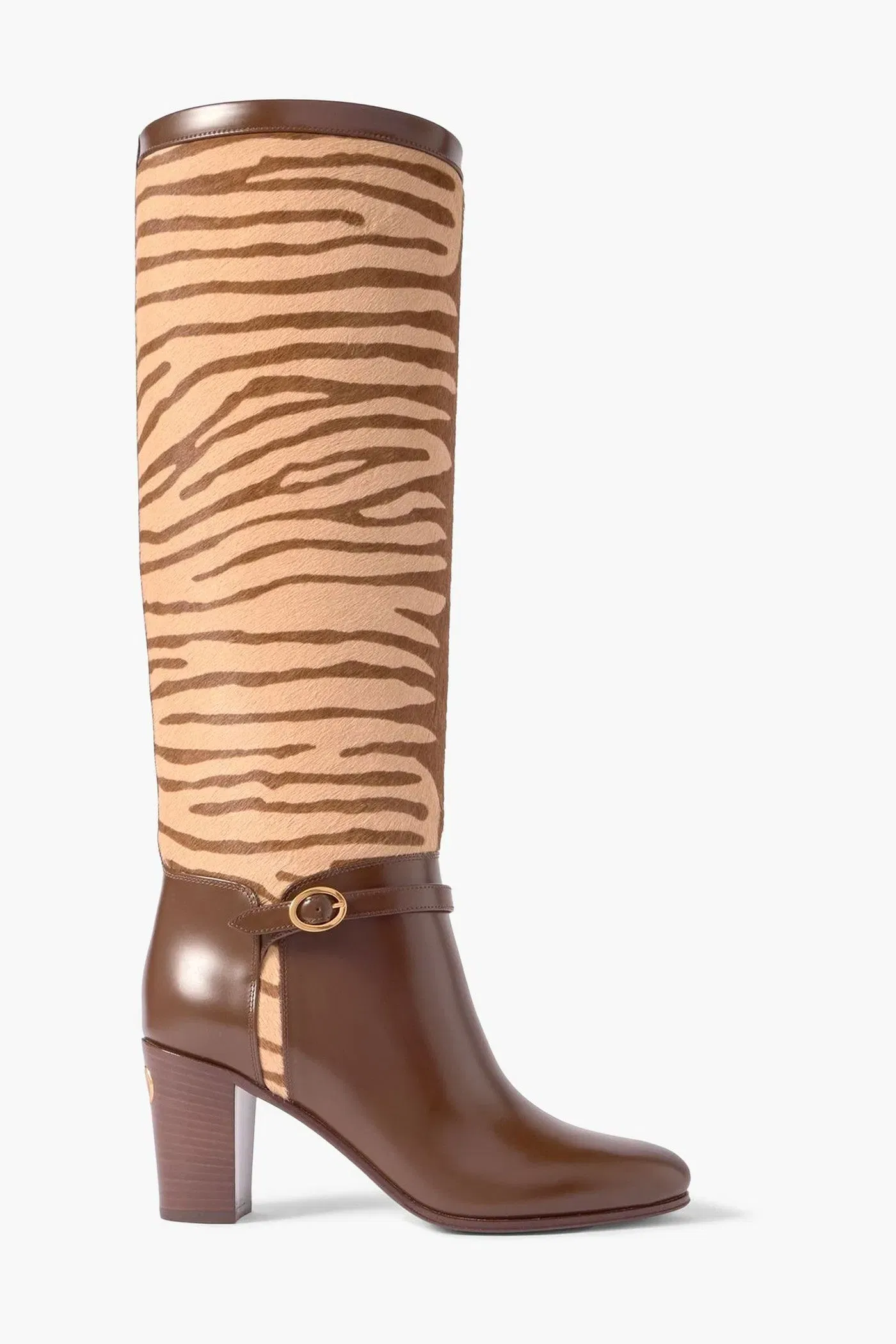 Valentino Garavani Pattie 75 Buckle-Embellished Zebra-Print Calf Hair And Leather Knee Boots Brown Women's