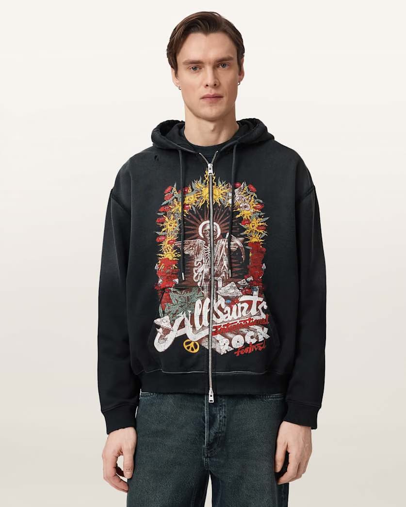 AllSaints Roque Zip Up Graphic Hoodie Washed Black