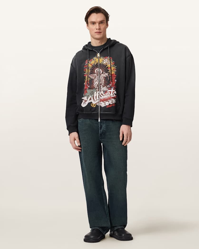 AllSaints Roque Zip Up Graphic Hoodie Washed Black