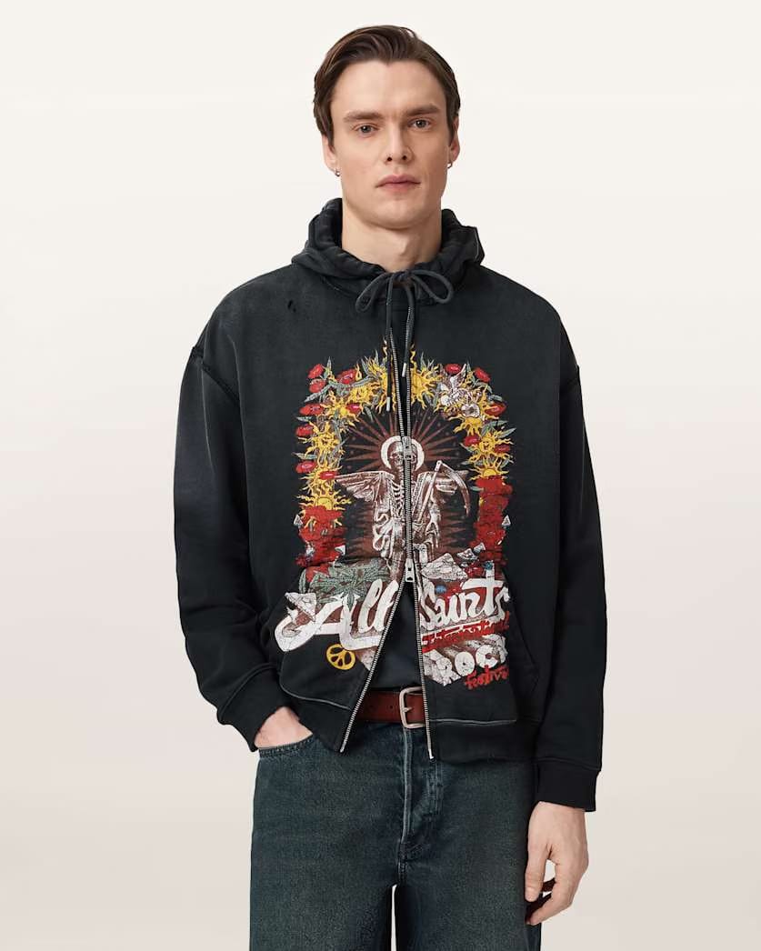 AllSaints Roque Zip Up Graphic Hoodie Washed Black
