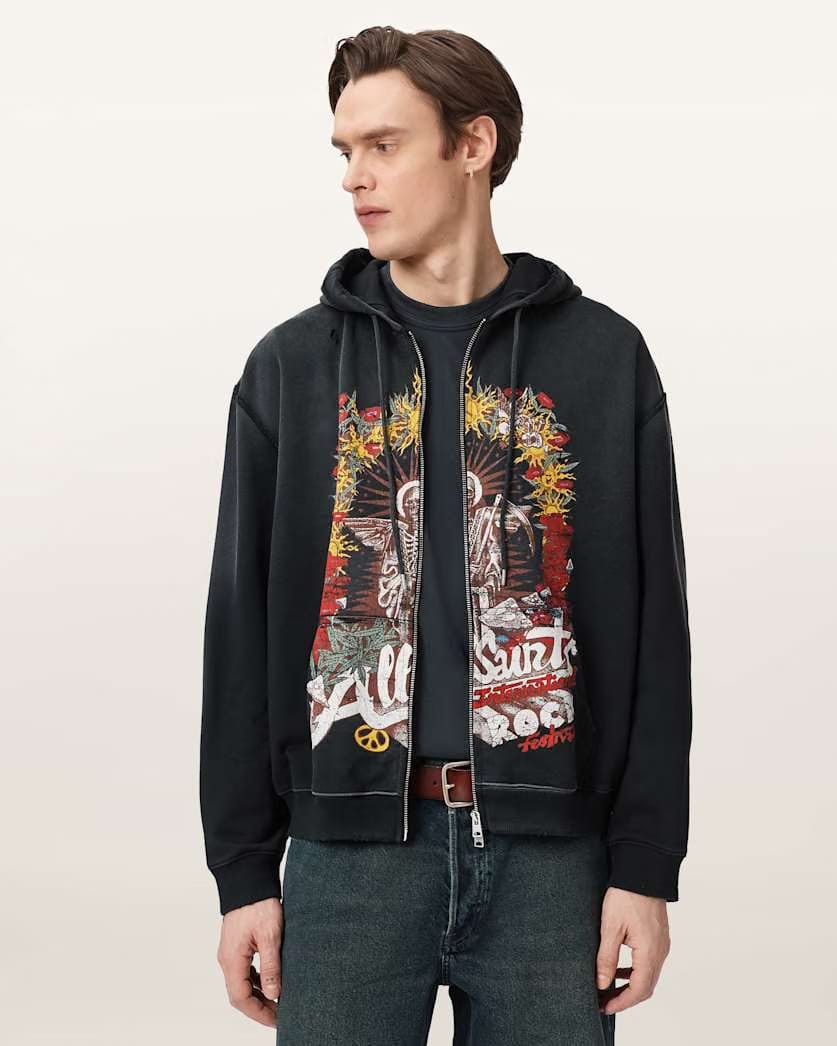AllSaints Roque Zip Up Graphic Hoodie Washed Black
