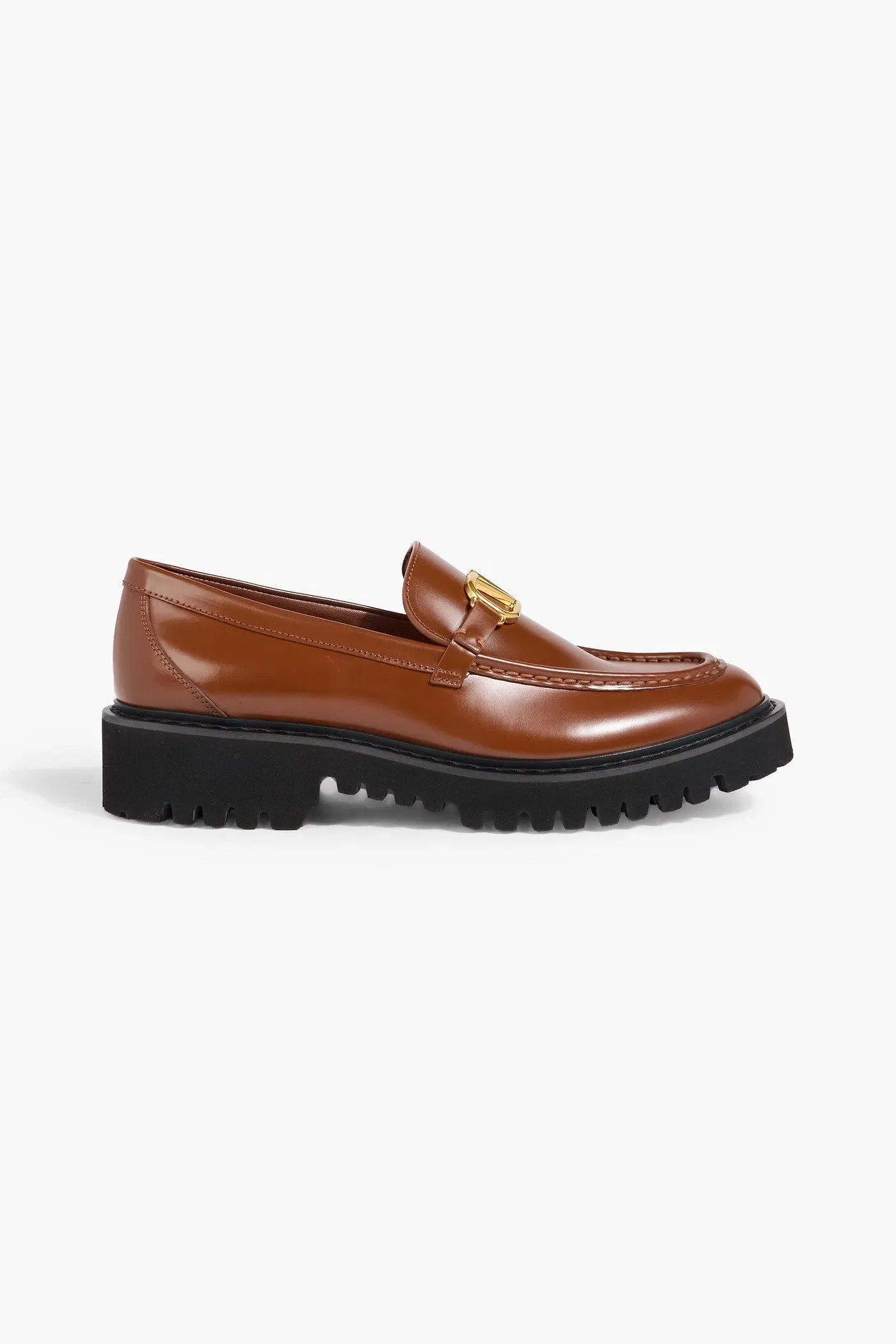 Valentino Garavani Vlogo Signature Glossed-Leather Loafers Tan Women's
