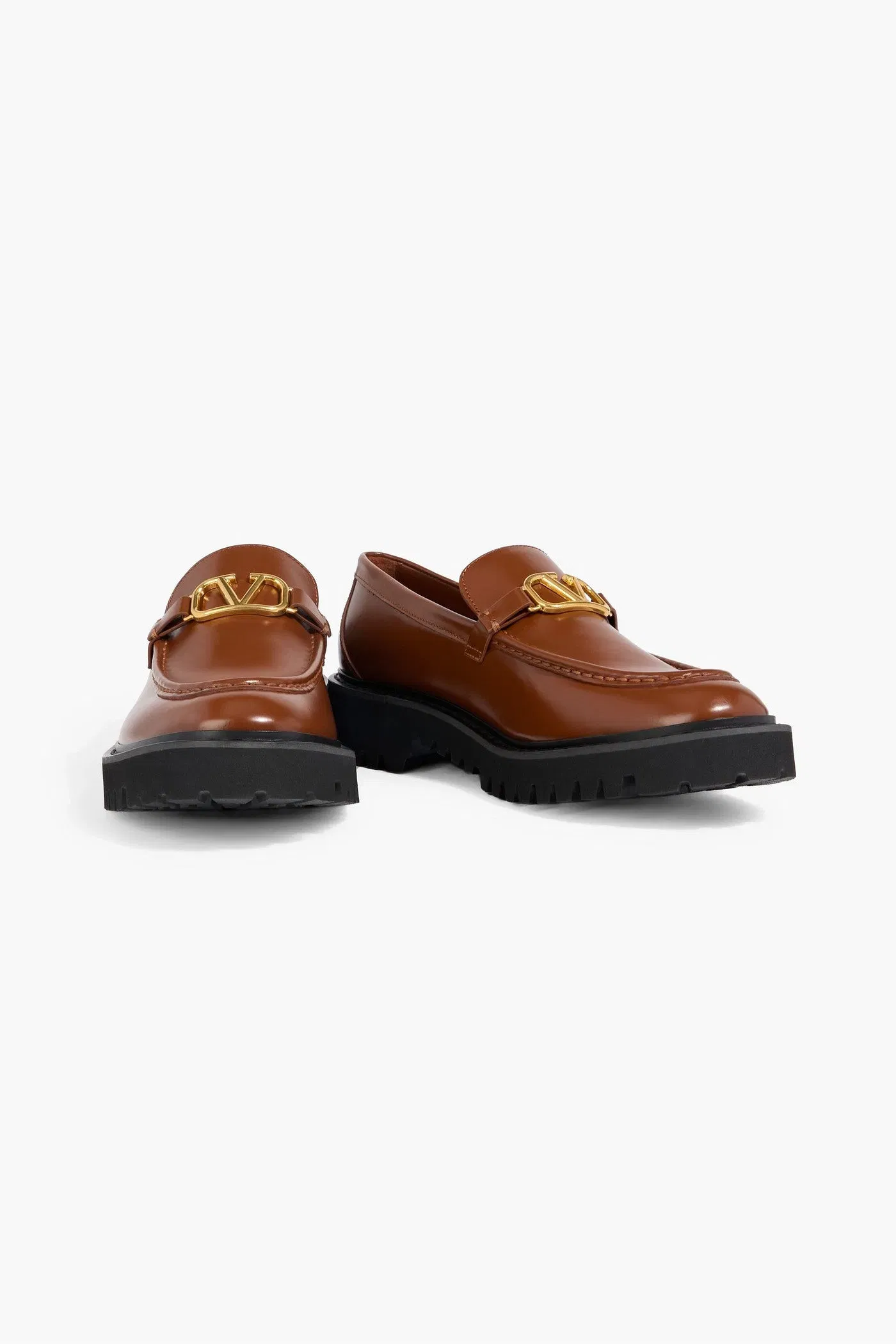 Valentino Garavani Vlogo Signature Glossed-Leather Loafers Tan Women's