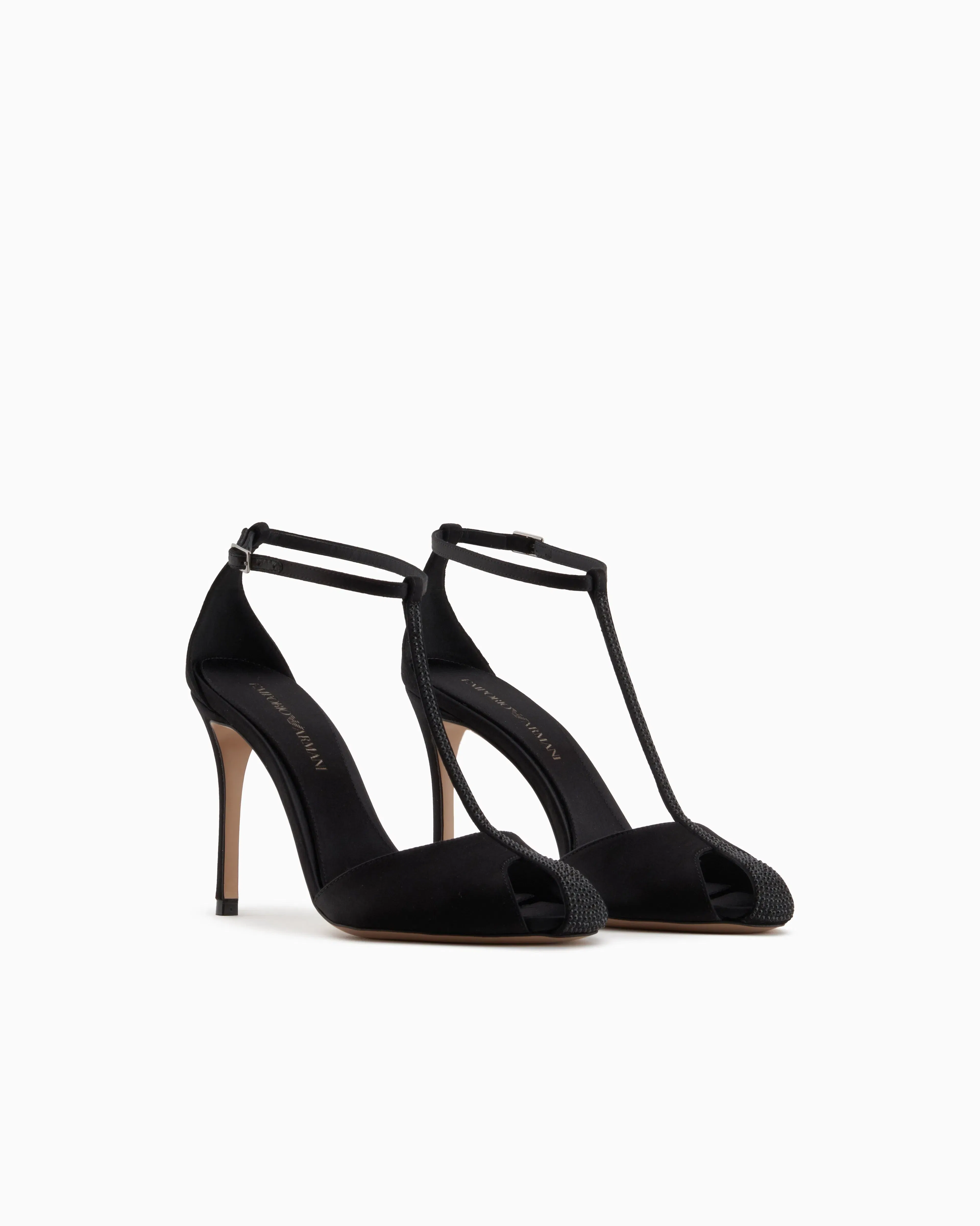 Emporio Armani Satin T-Bar Sandals With Rhinestones Black