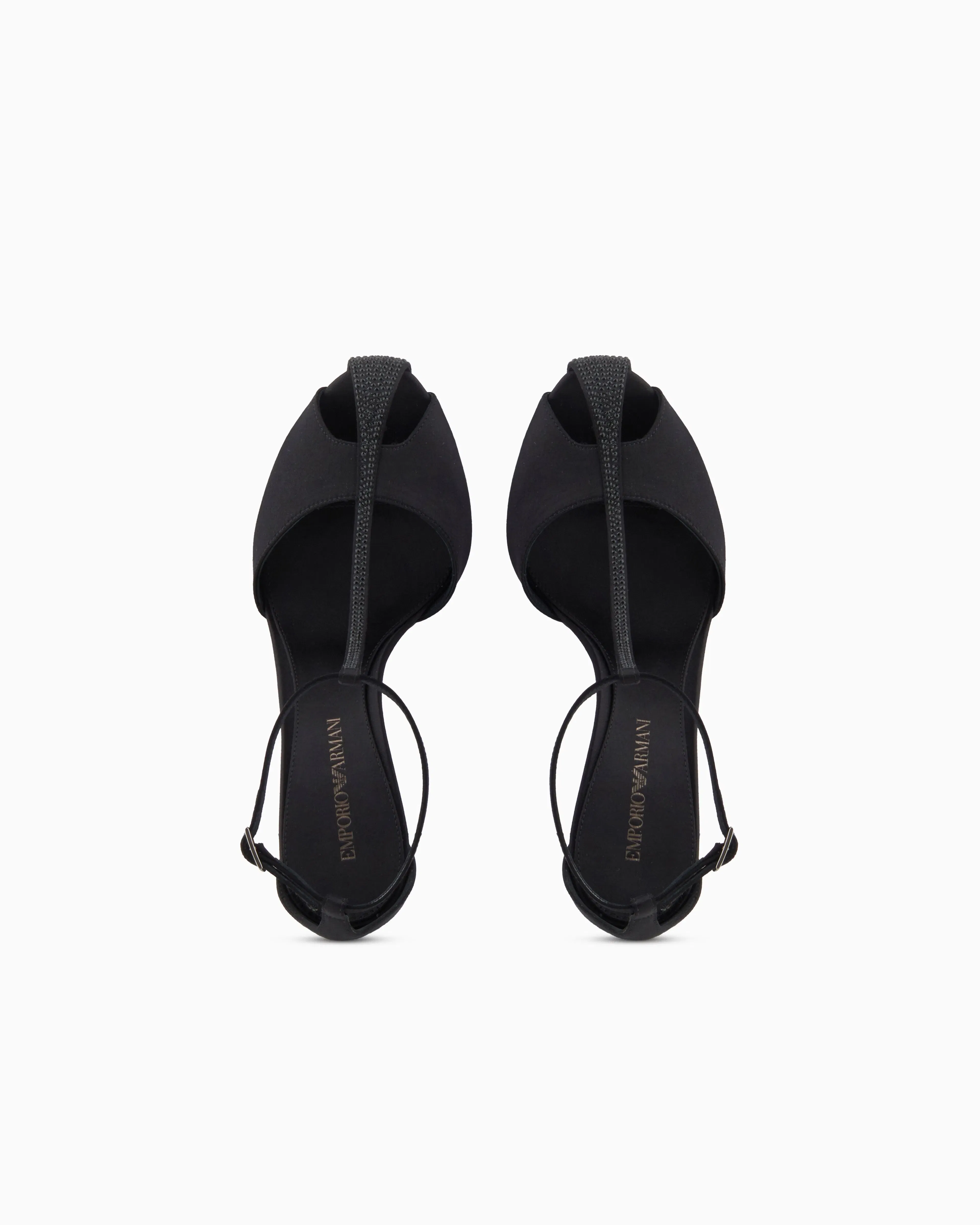 Emporio Armani Satin T-Bar Sandals With Rhinestones Black