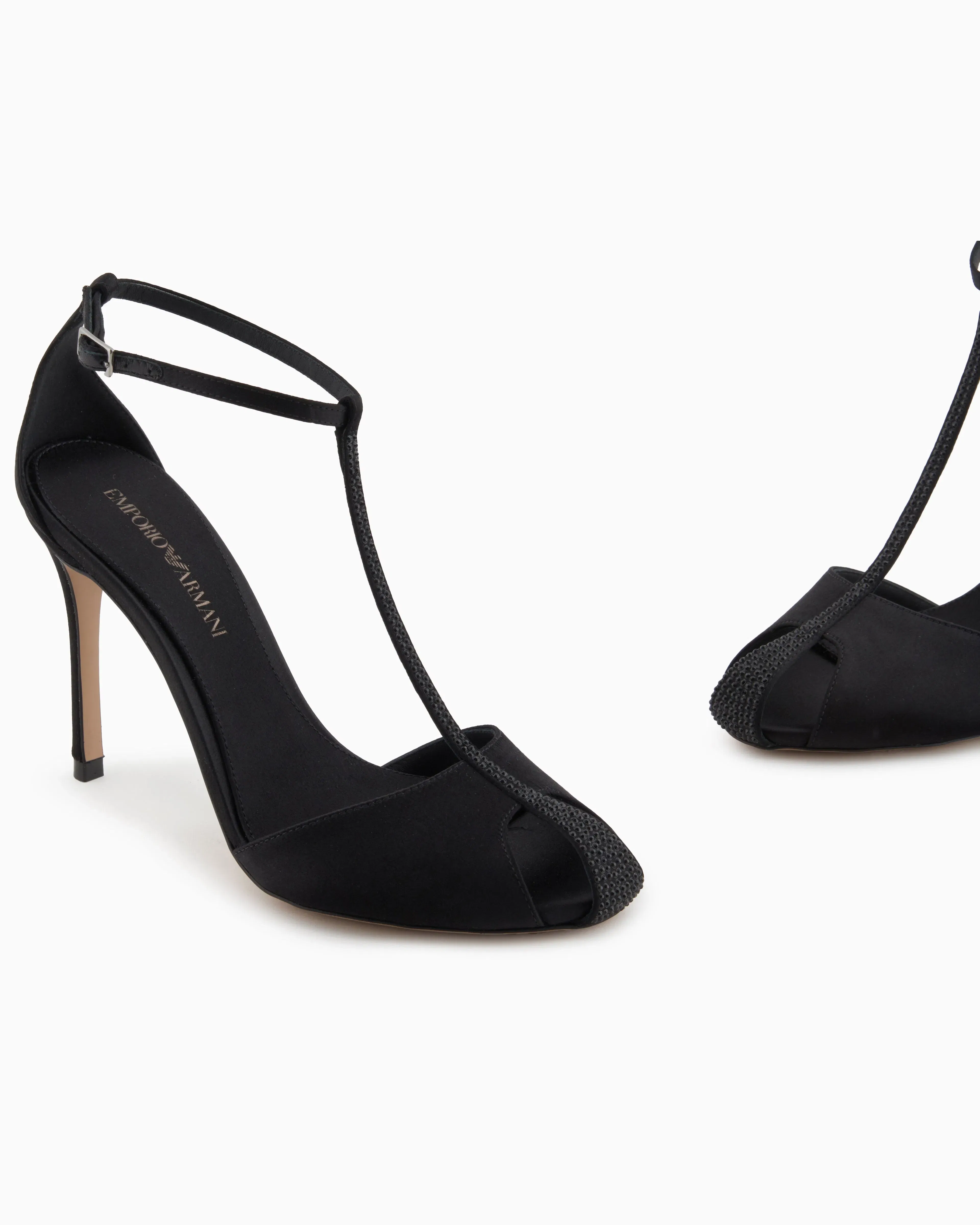 Emporio Armani Satin T-Bar Sandals With Rhinestones Black