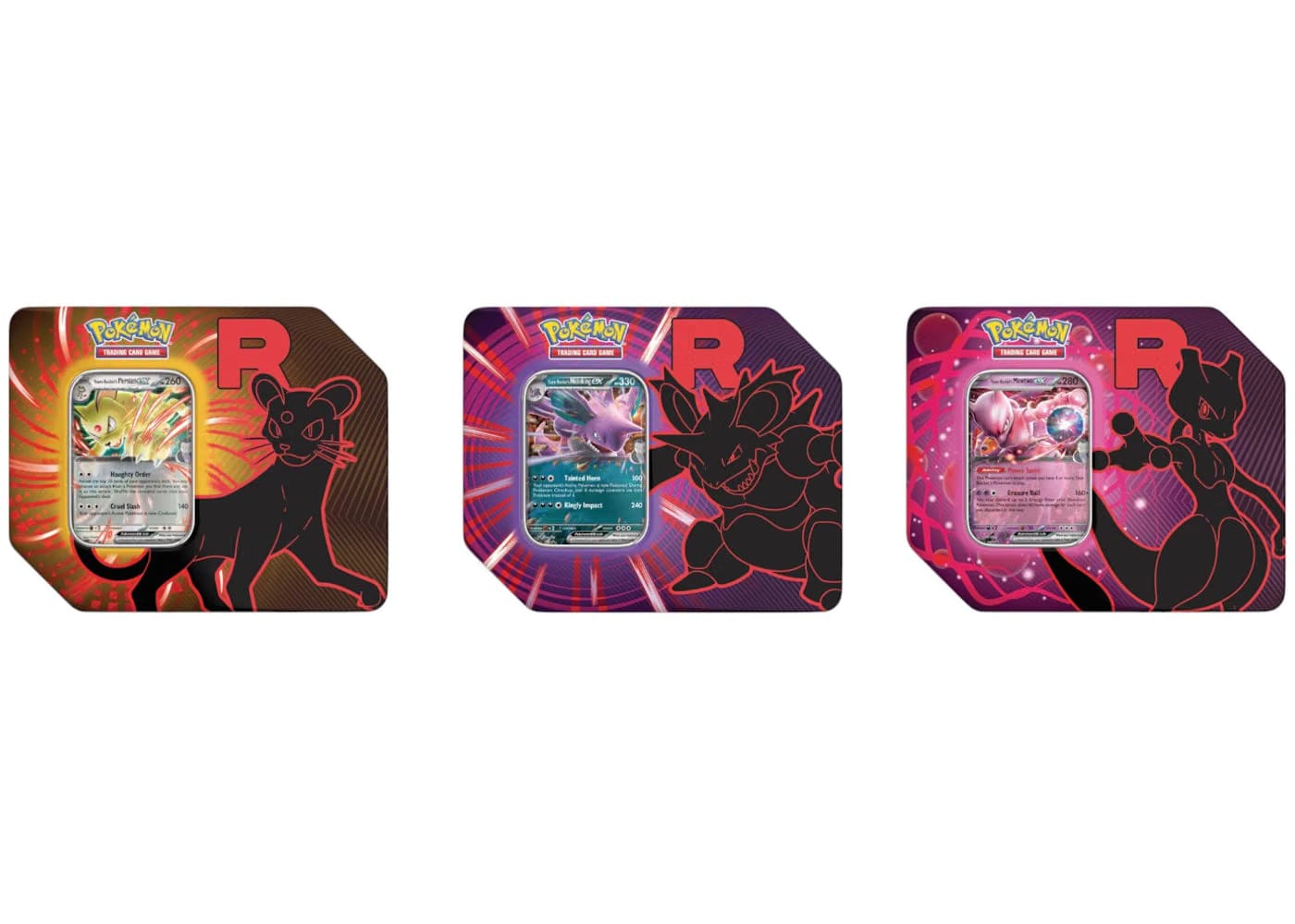 2025 Pokemon Team Rocket Mewtwo Ex/Persian Ex/Nidoking Ex Tin Case Set Us