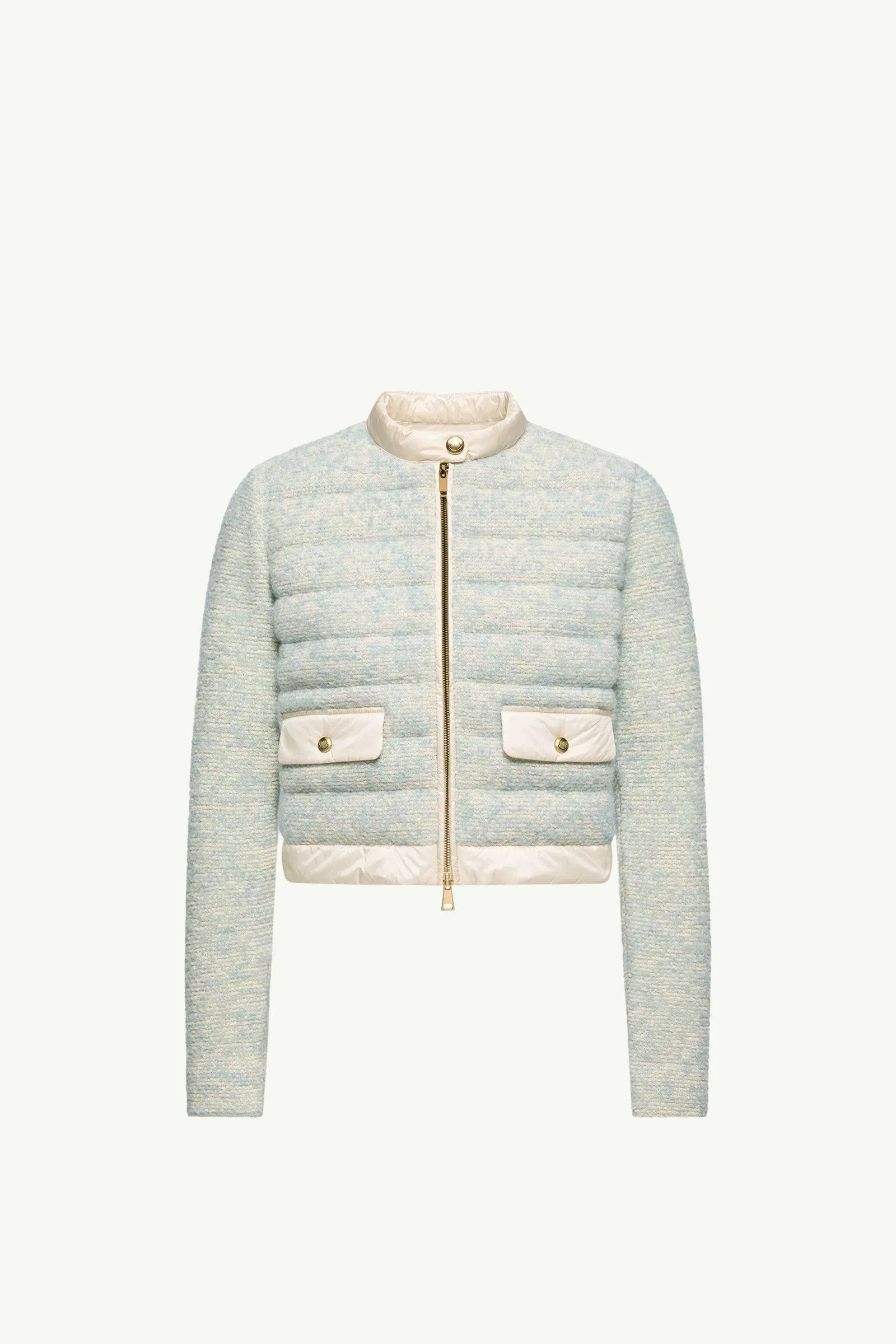Moncler Wool & Alpaca Blend Padded Zip-Up Cardigan Light Blue & Beige Light Blue & Beige