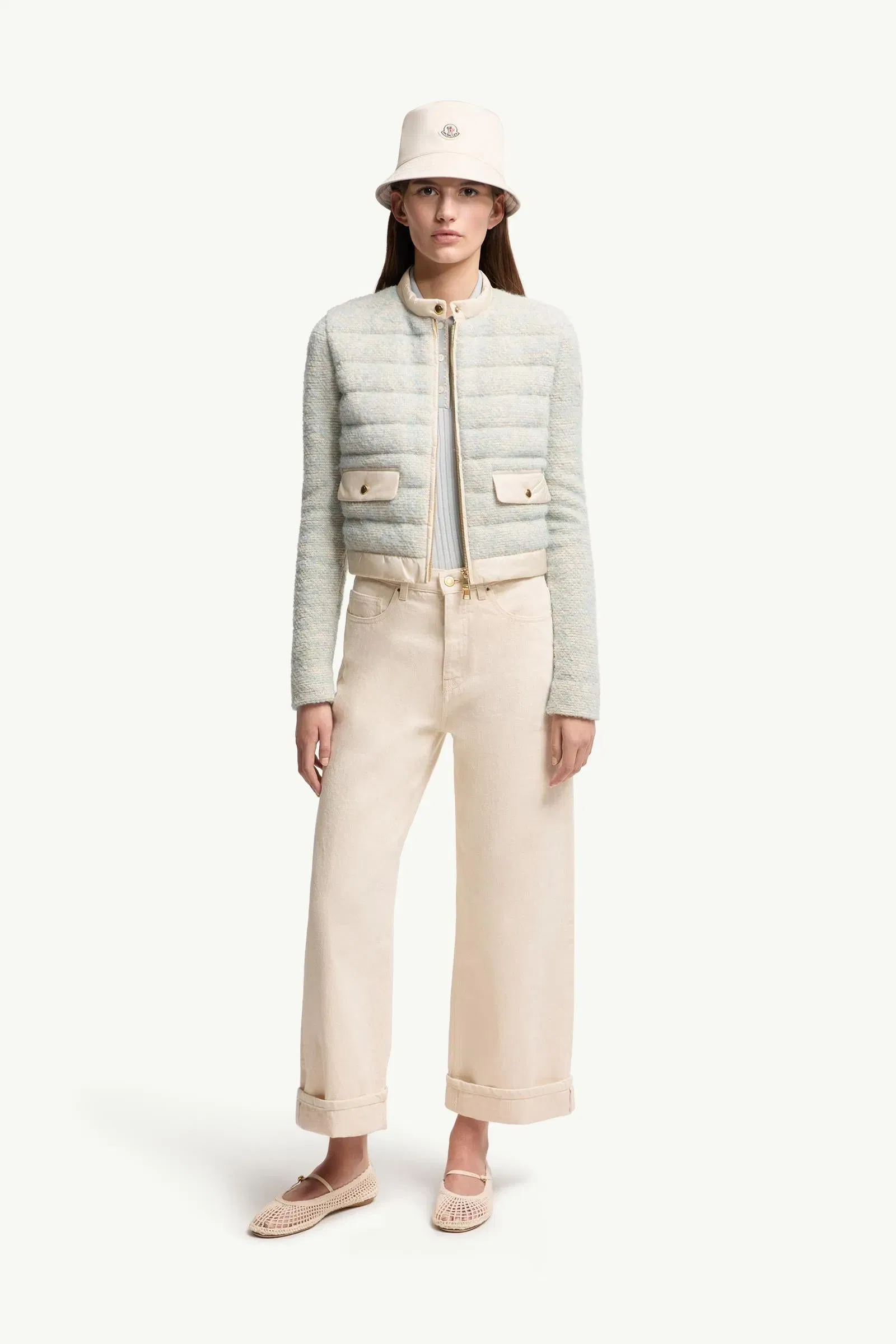 Moncler Wool & Alpaca Blend Padded Zip-Up Cardigan Light Blue & Beige Light Blue & Beige