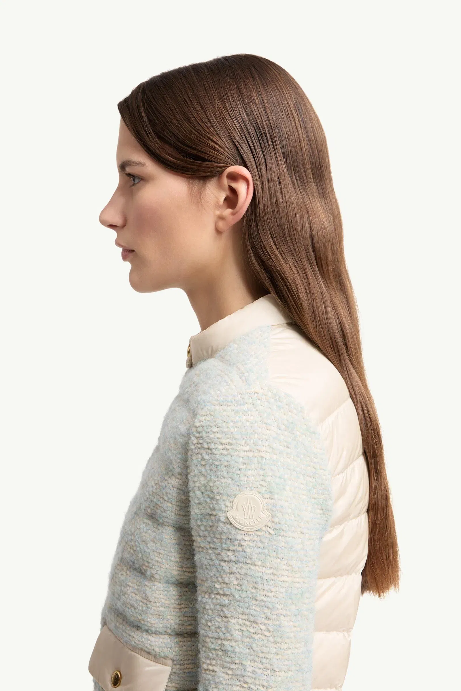 Moncler Wool & Alpaca Blend Padded Zip-Up Cardigan Light Blue & Beige Light Blue & Beige