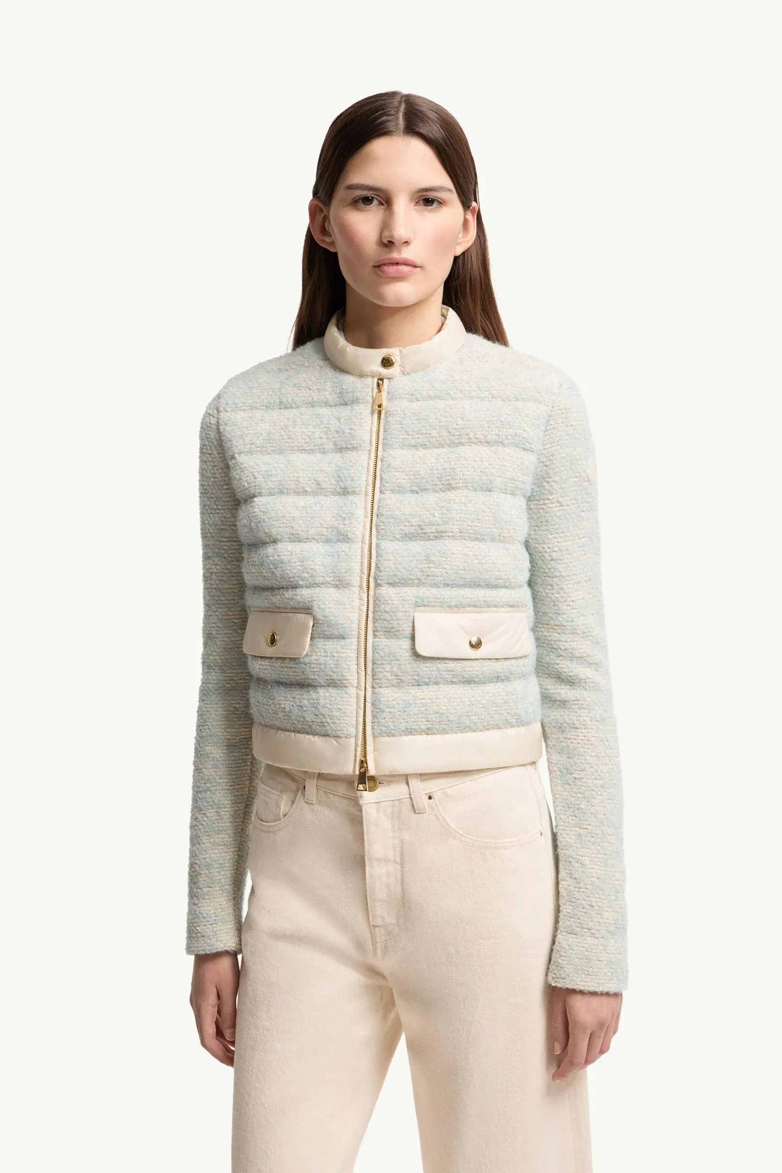 Moncler Wool & Alpaca Blend Padded Zip-Up Cardigan Light Blue & Beige Light Blue & Beige