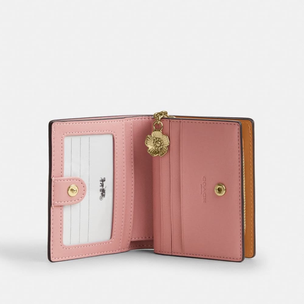 Coach Snap Wallet In Signature Canvas With Charm Gold Powder Pink