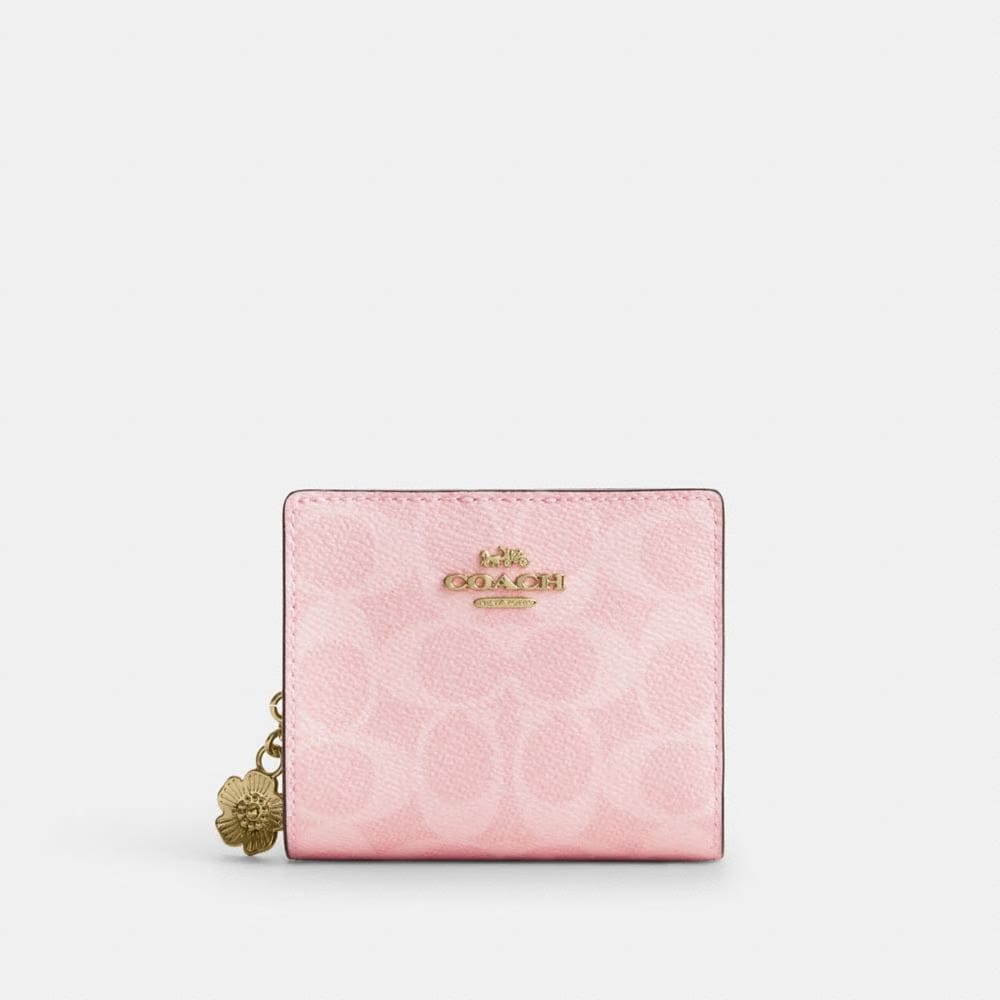 Coach Snap Wallet In Signature Canvas With Charm Gold Powder Pink