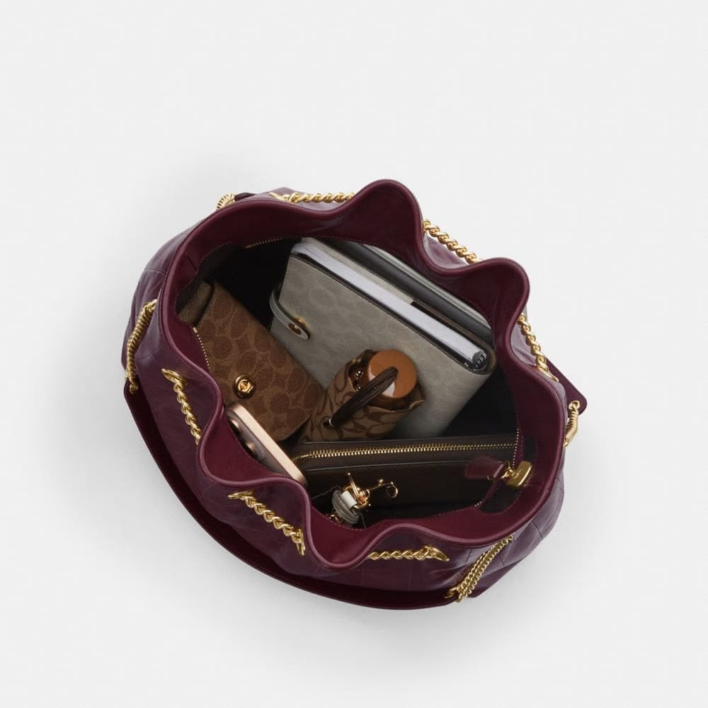 Coach Evelyn Large Shoulder Bag With Quilting Gold Dark Wine