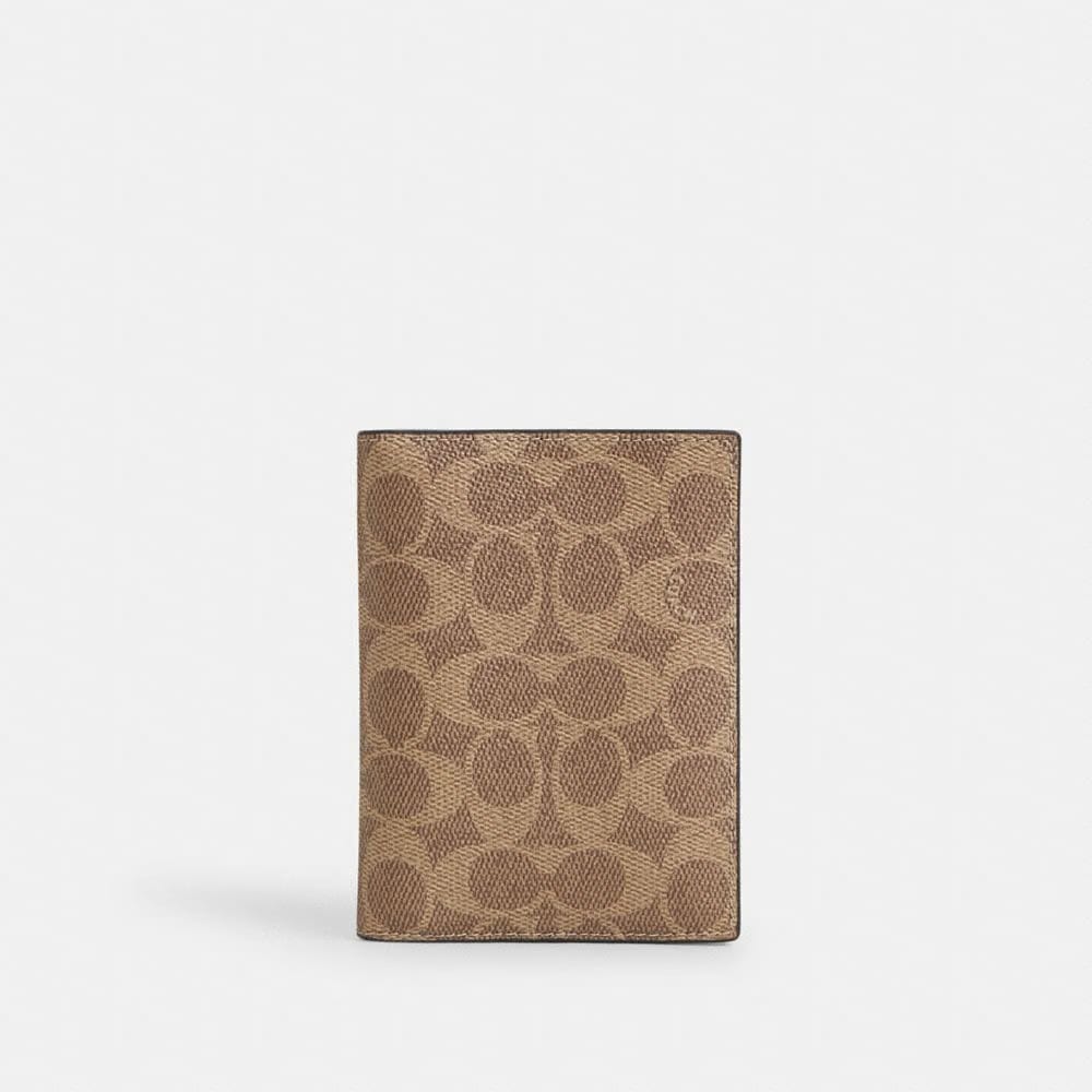 Coach Passport Card Case In Signature Canvas Gunmetal Tan Black