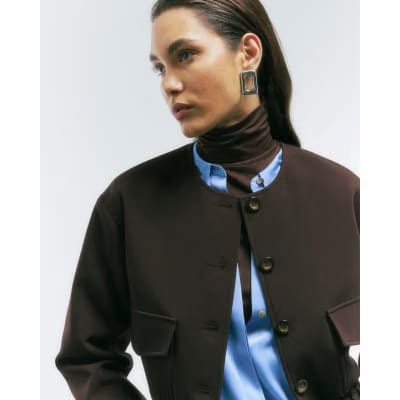 Brown Long Sleeve Front Pocket Bomber Jacket