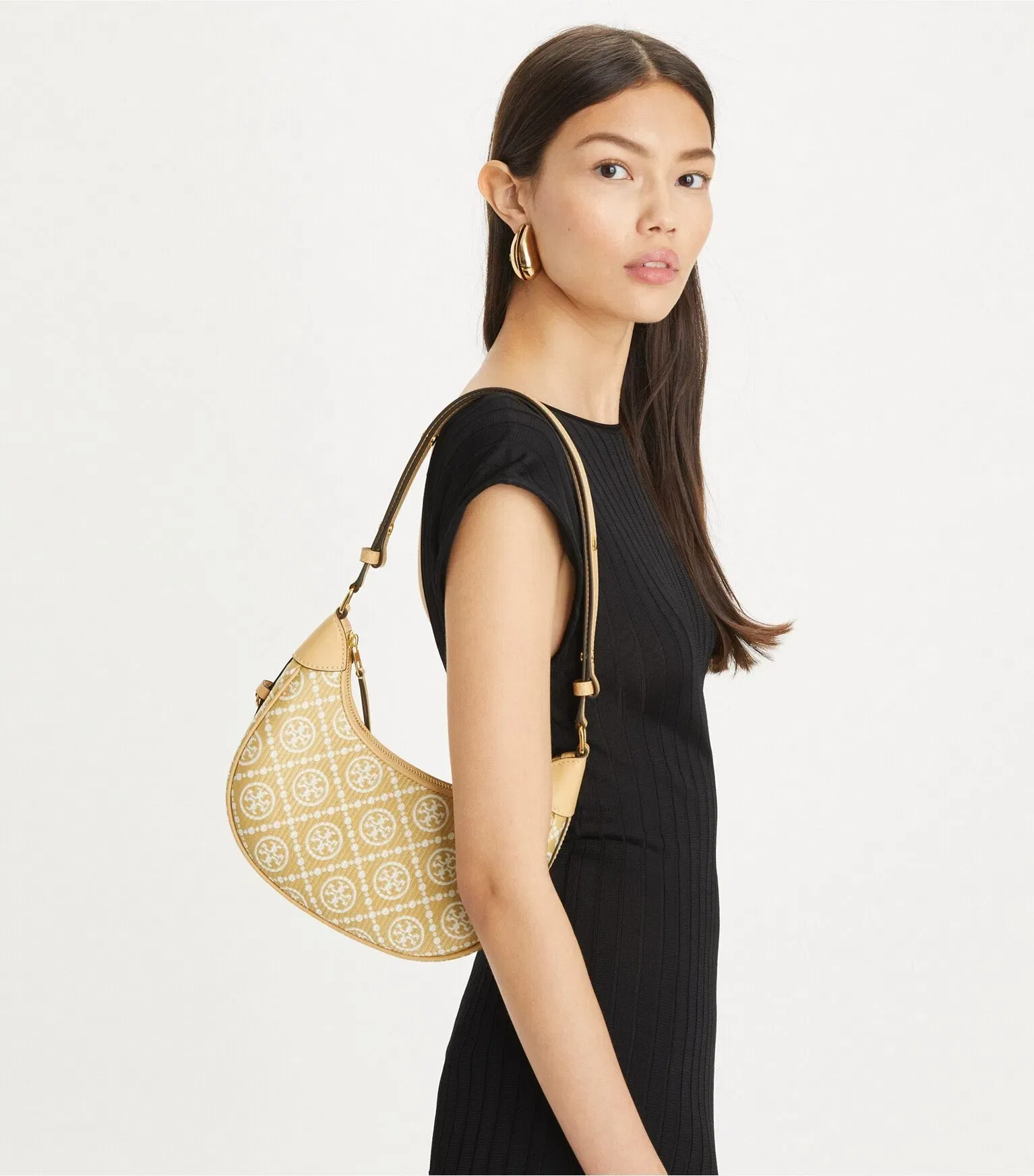 T Monogram Raffia Crescent Bag